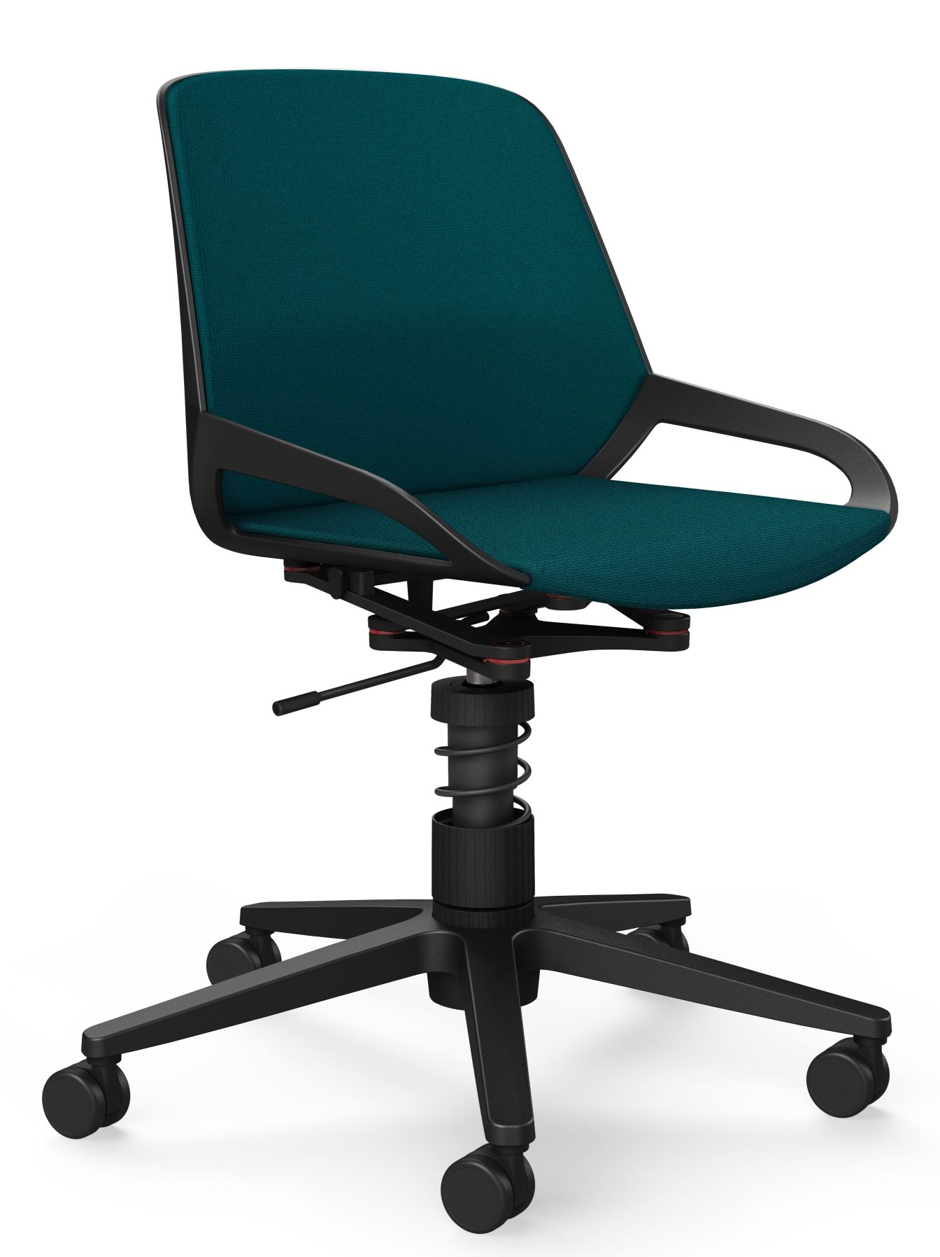 Numo Task Bürodrehstuhl von Aeris mit Federbein und Rollen, türkis gepolstert, ergonomisch und modern.