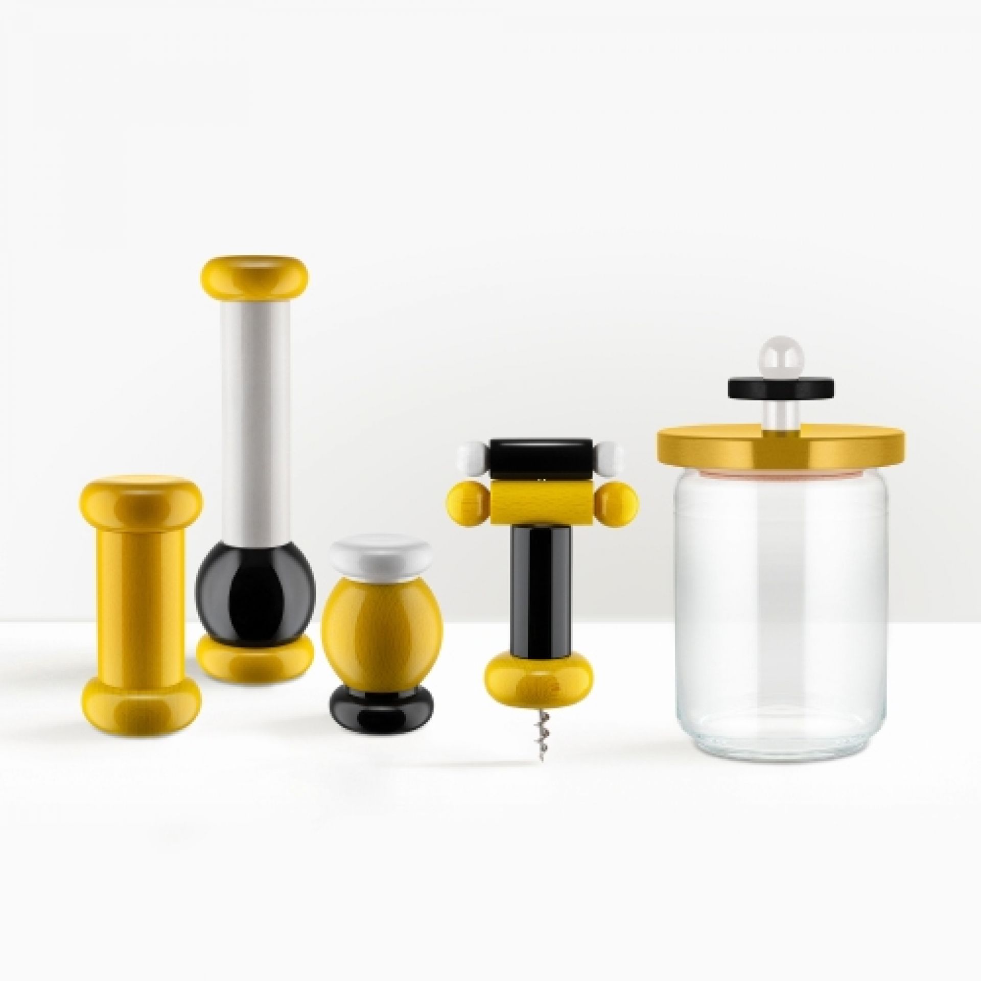 Alessi Korkenzieher ES17, ein Designobjekt in Gelb, Weiß und Schwarz, ein Einzelstück.
