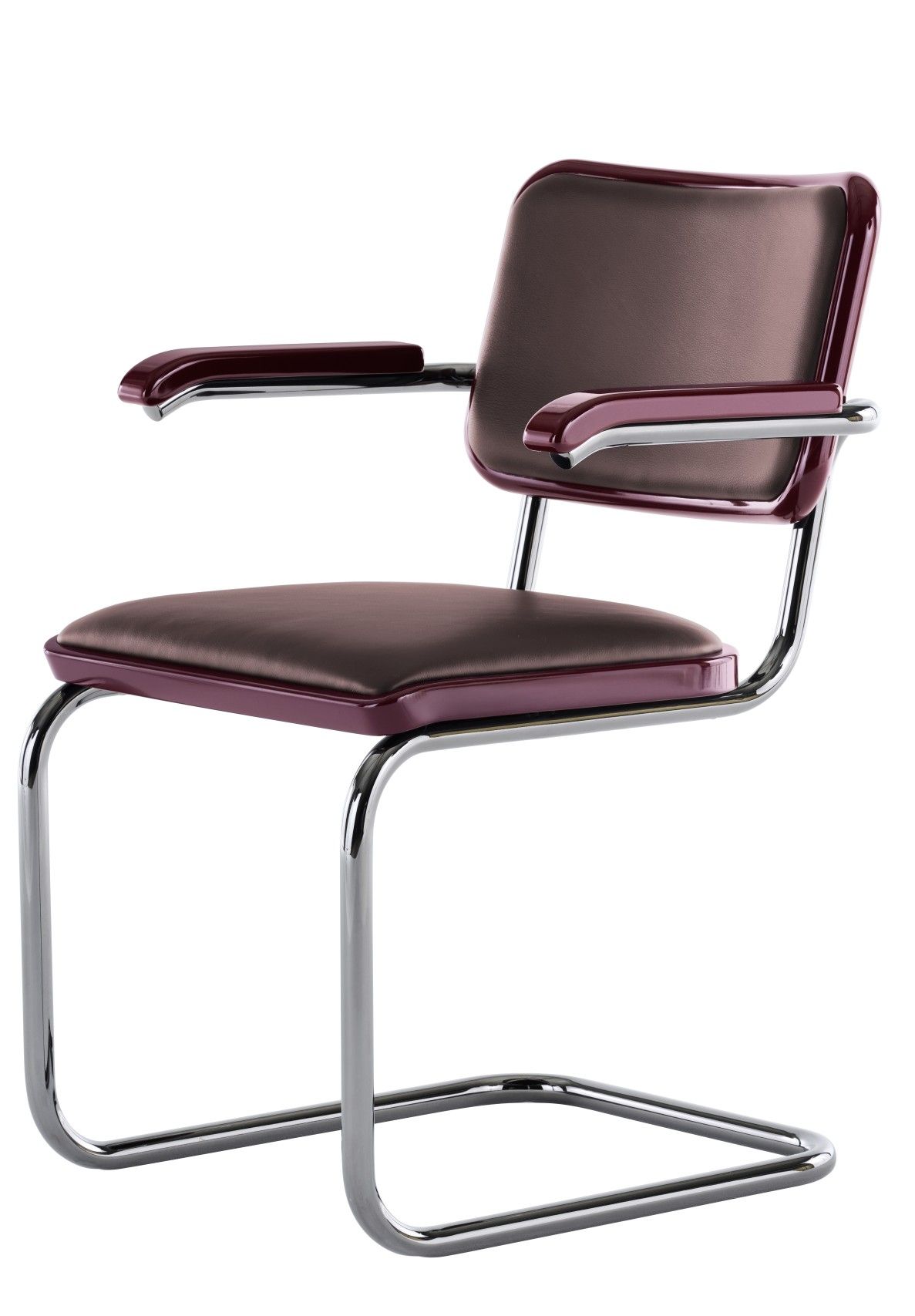 JS. Thonet S 64 P Freischwinger Stuhl mit braunem Lederbezug und verchromtem Stahlrohr Gestell.