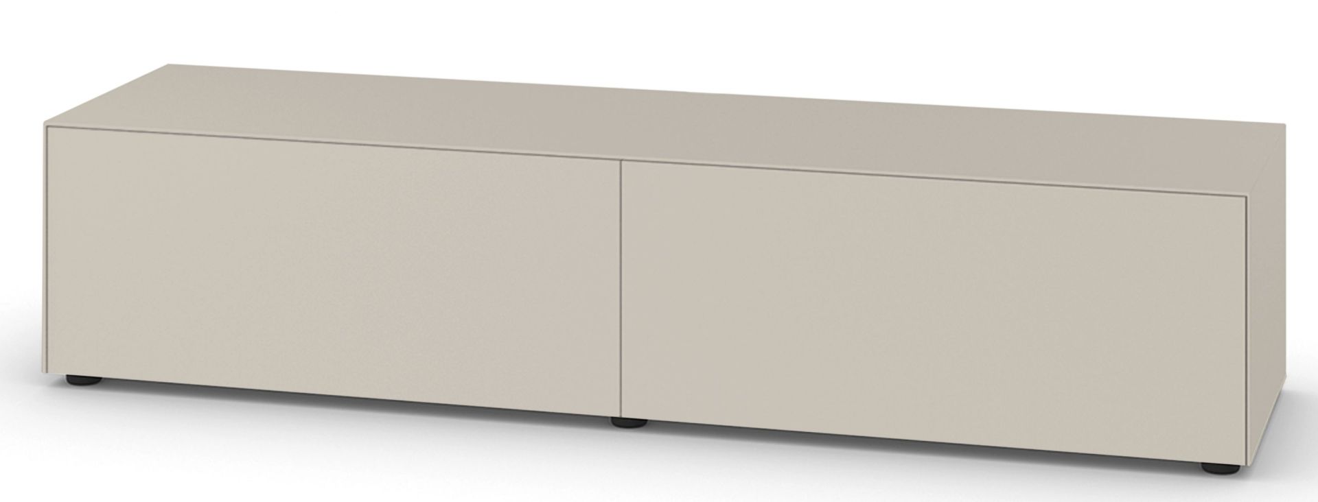 Piure Nex Pur Box TV-Lowboard in Beige mit Medienklappe für modernes Wohnzimmer Design.