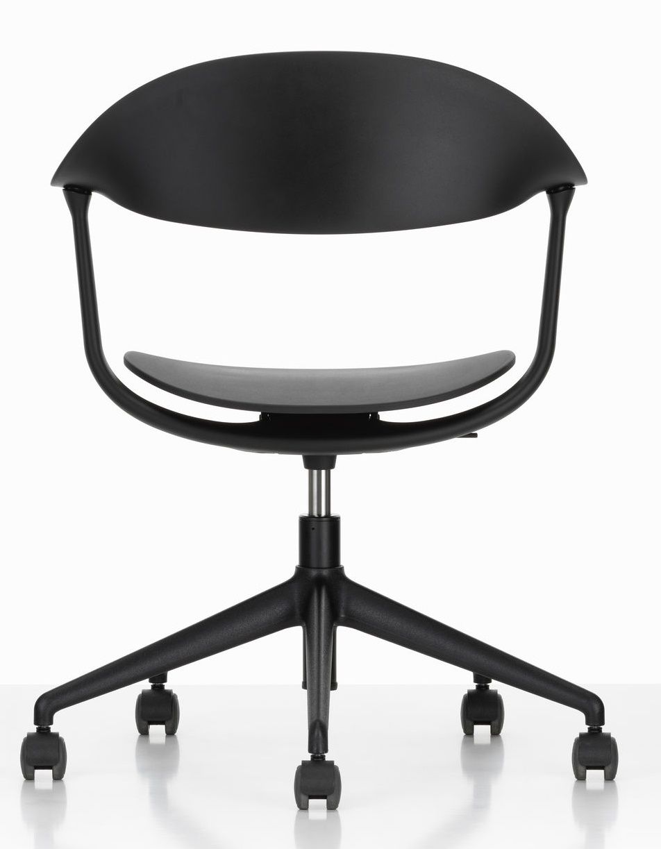 Mynt Bürodrehstuhl von Vitra, schwarzer Kunststoffstuhl mit Rollen und ergonomischer Rückenlehne für das moderne Büro.