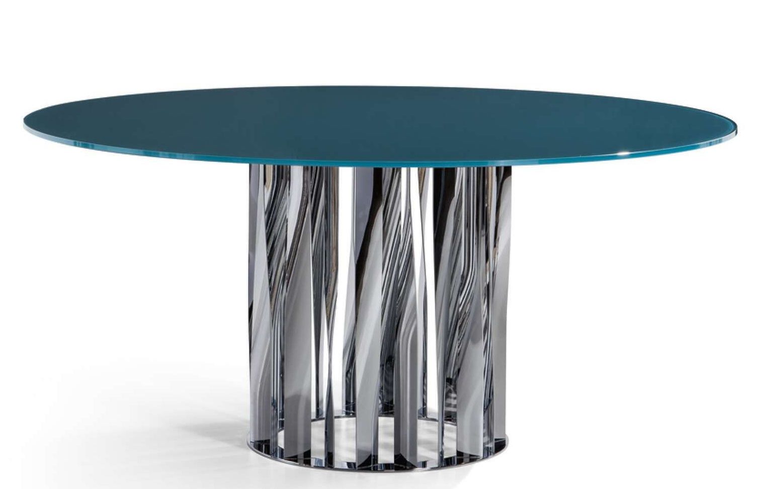 Runder 475 Boboli Tisch von Cassina mit blauer Glasplatte und verchromtem Metallfuß.