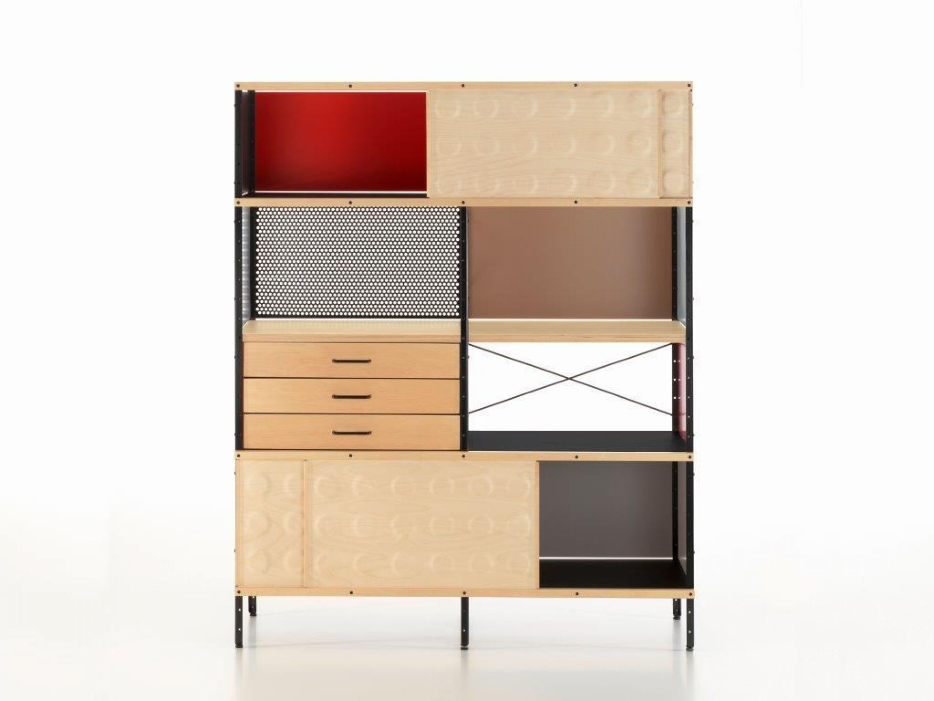 Vitra Eames Storage Unit ESU Bücherregal mit Schubladen, Fächern und farbigen Paneelen.