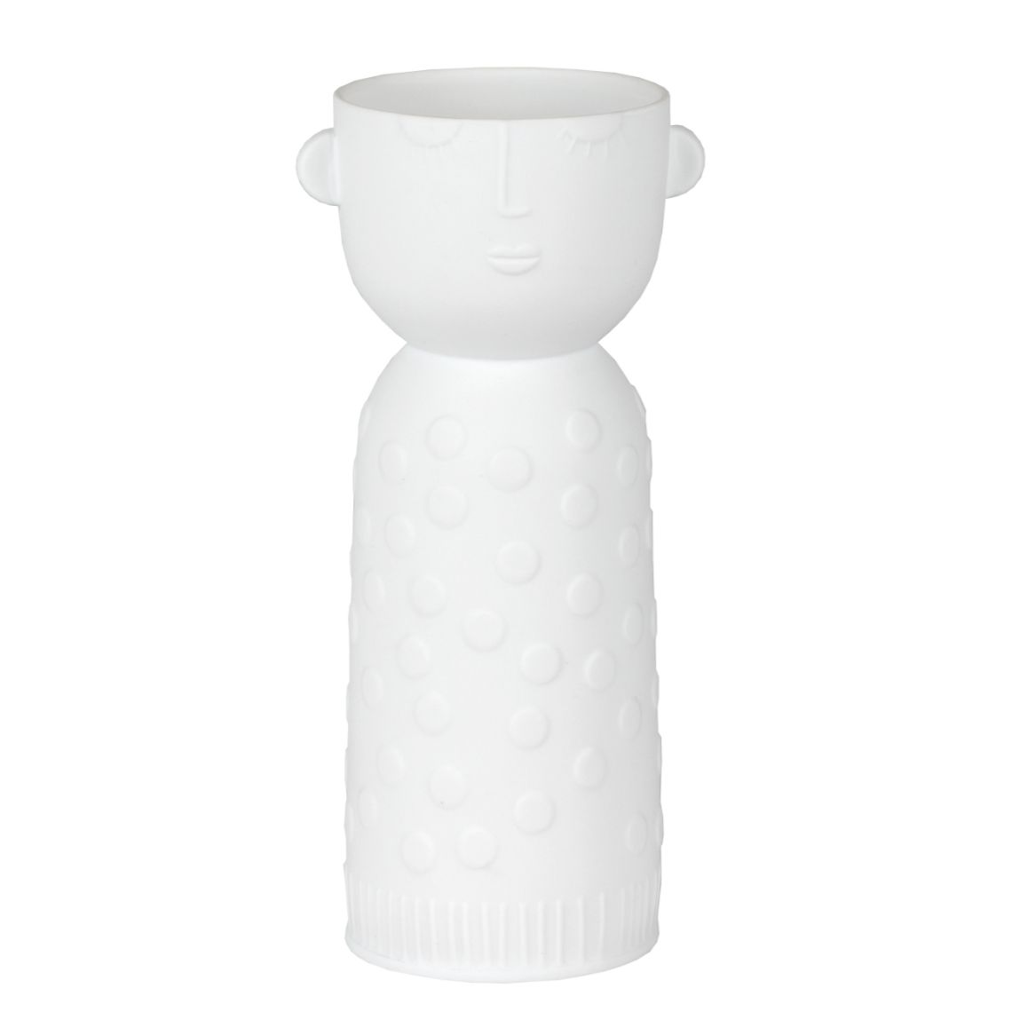 Weiße Räder Vase mit Gesicht und Punktmuster, Teil des Naturgestalten 3er Sets.
