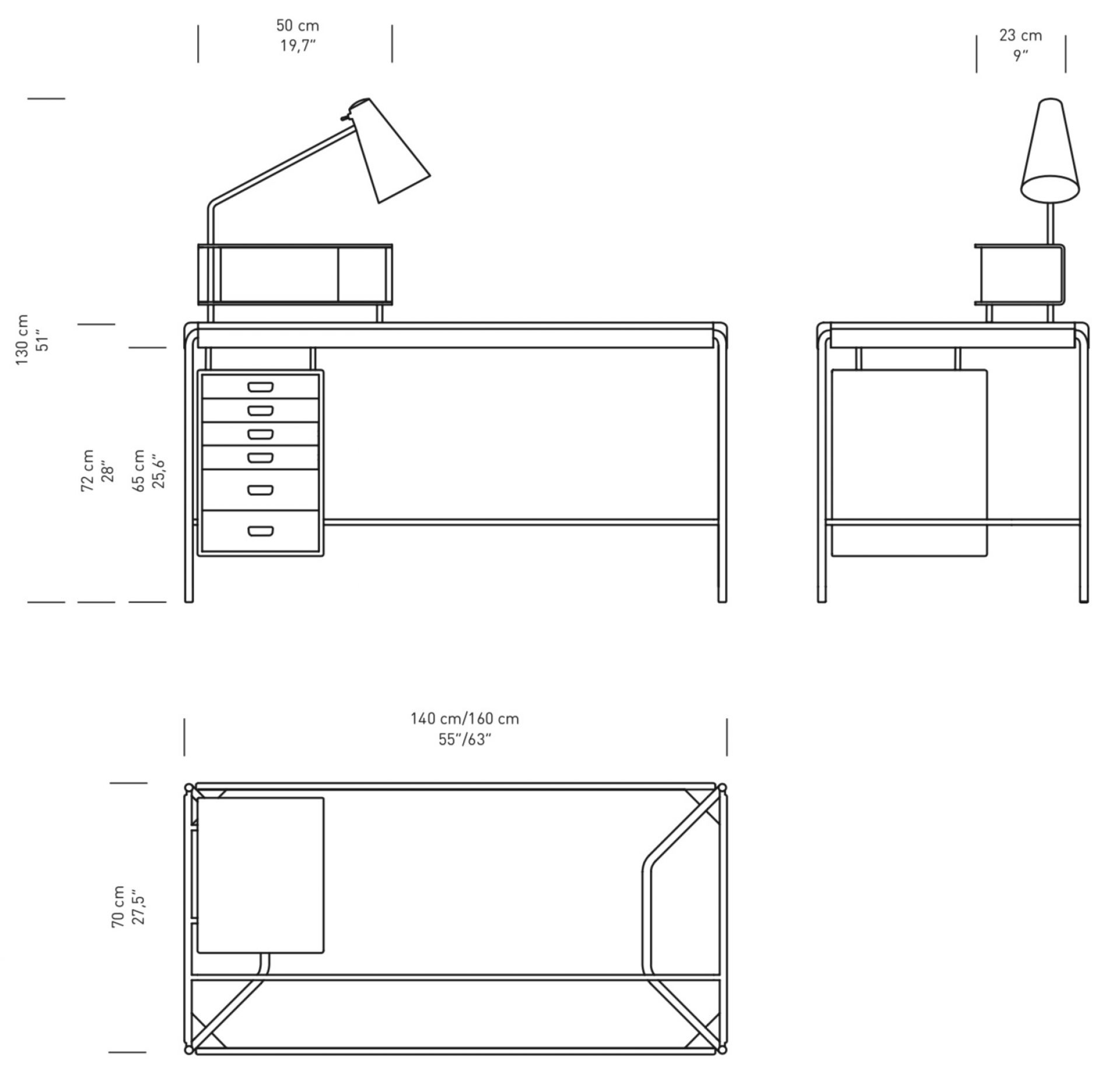 AJ52 Society Table Arbeitstisch technische Zeichnung mit Maßen, Ansichten von vorne und oben.