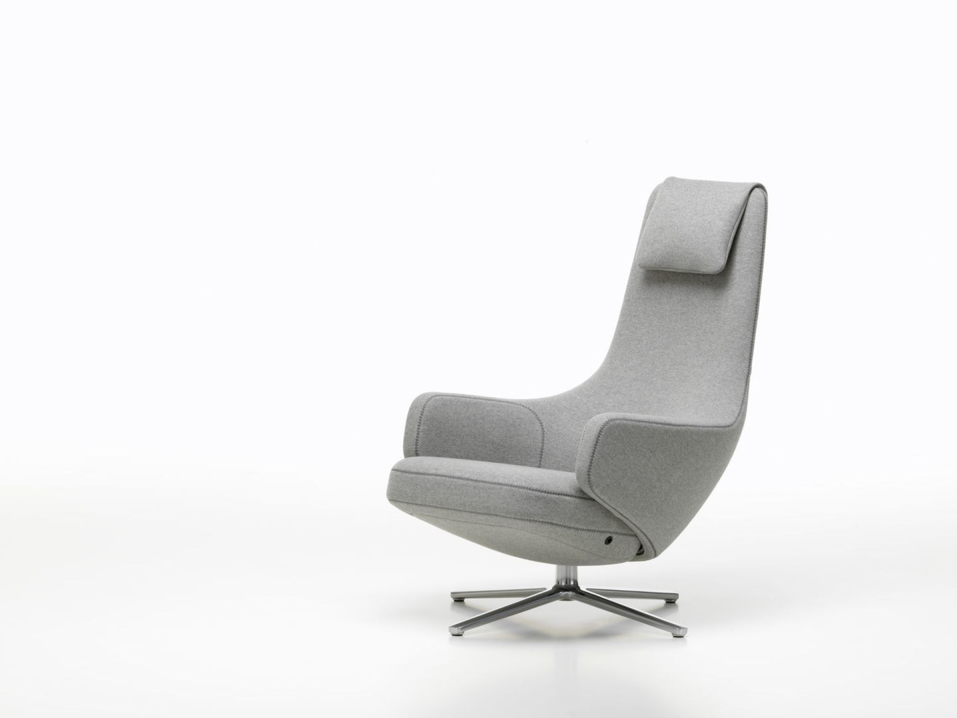 Grauer Repos Sessel von Vitra mit hoher Rückenlehne und Drehfuß auf weißem Hintergrund.