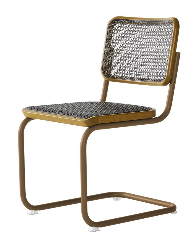 S 32 Freischwinger Stuhl von Thonet mit Stahlrohrgestell und Wiener Geflecht für Sitzfläche und Rückenlehne.