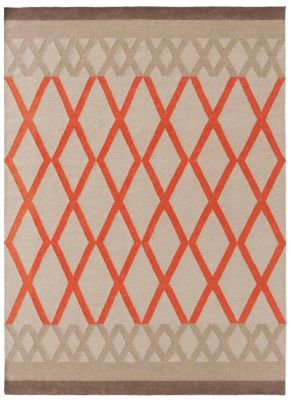 Kilim Sioux Teppich: Beige Teppich mit korallenroten Rauten und geometrischem Muster.
