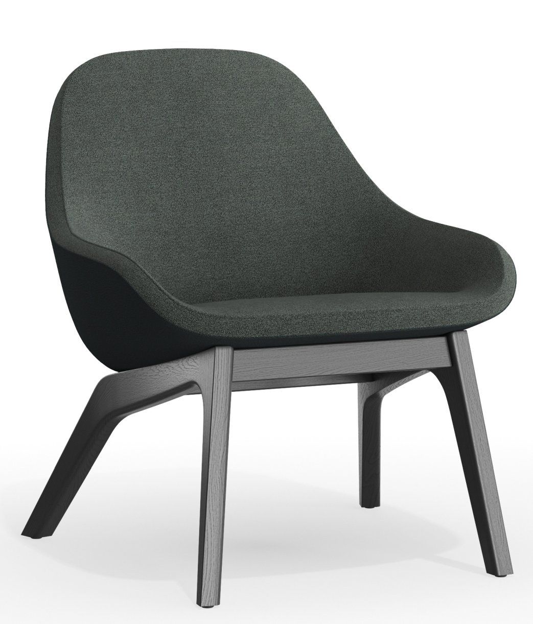 Morph Lounge Chair Sessel mit grauem Stoffbezug und dunklem Holzgestell, modernes Design für Wohnzimmer.