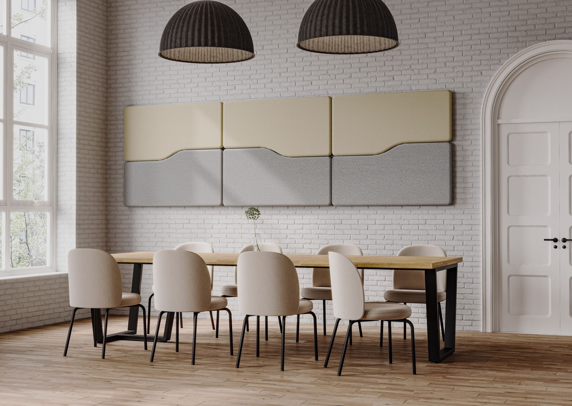 Innenaufnahme: Flos FS K 215 Stühle, Konferenzstühle Bejot in Beige um einen Holztisch mit schwarzen Beinen.