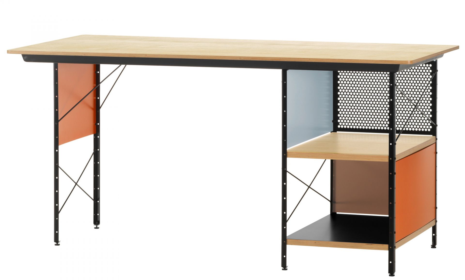 Vitra Eames Desk Unit EDU Schreibtisch mit hellem Holz, farbigen Paneelen und schwarzem Metallgestell.