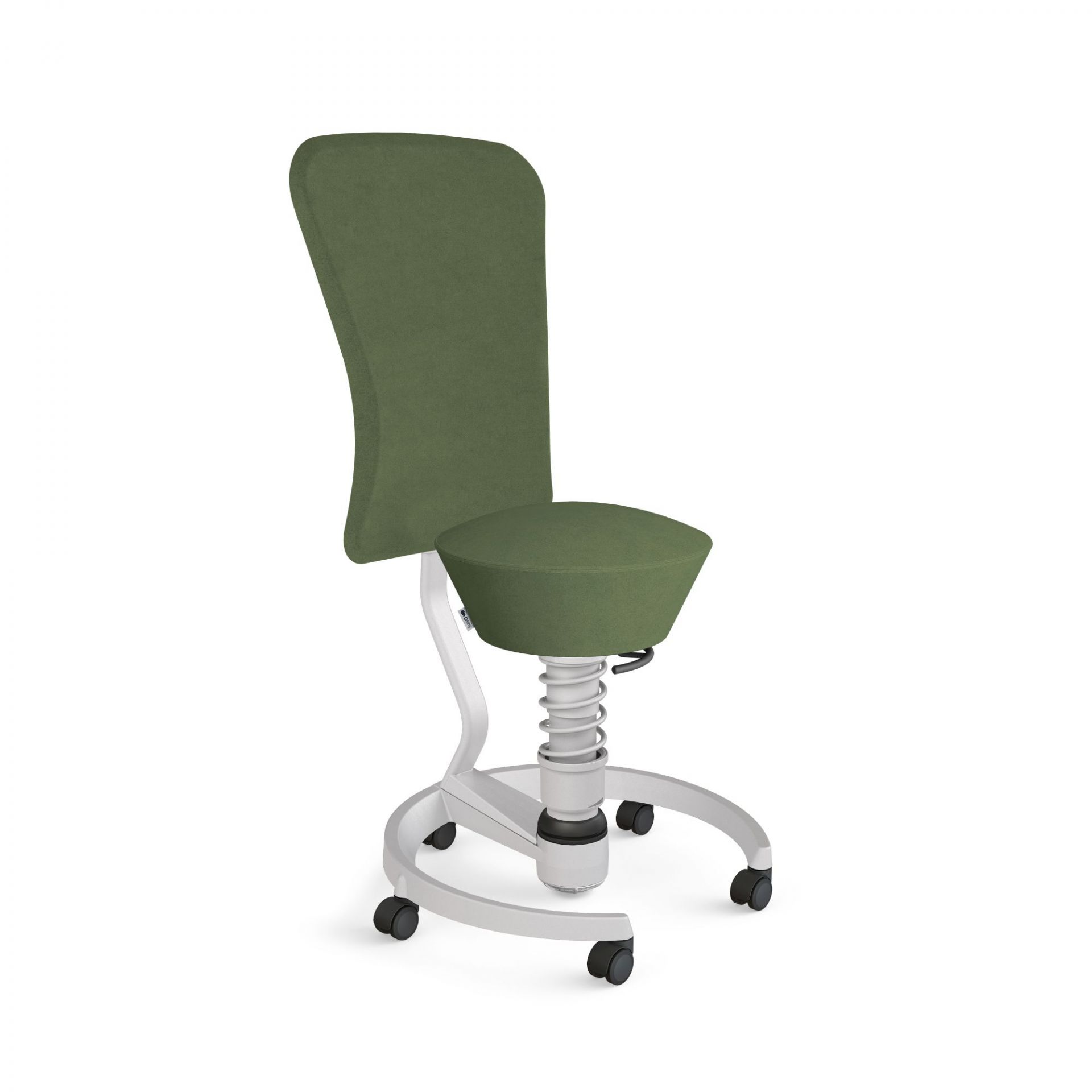 Ergonomischer Bürostuhl mit olivgrünem Bezug, Rückenlehne und Rollenfuß für dynamisches Sitzen im Büro.