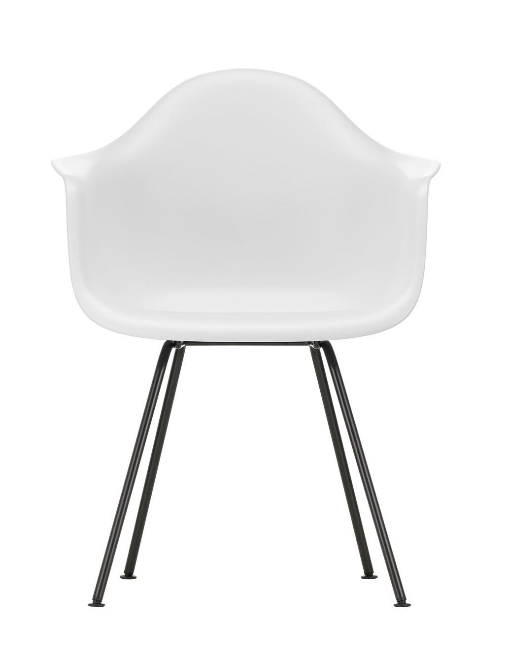 Weißer Eames Plastic Arm Chair DAX Stuhl von Vitra mit schwarzem Metallgestell, Frontansicht.