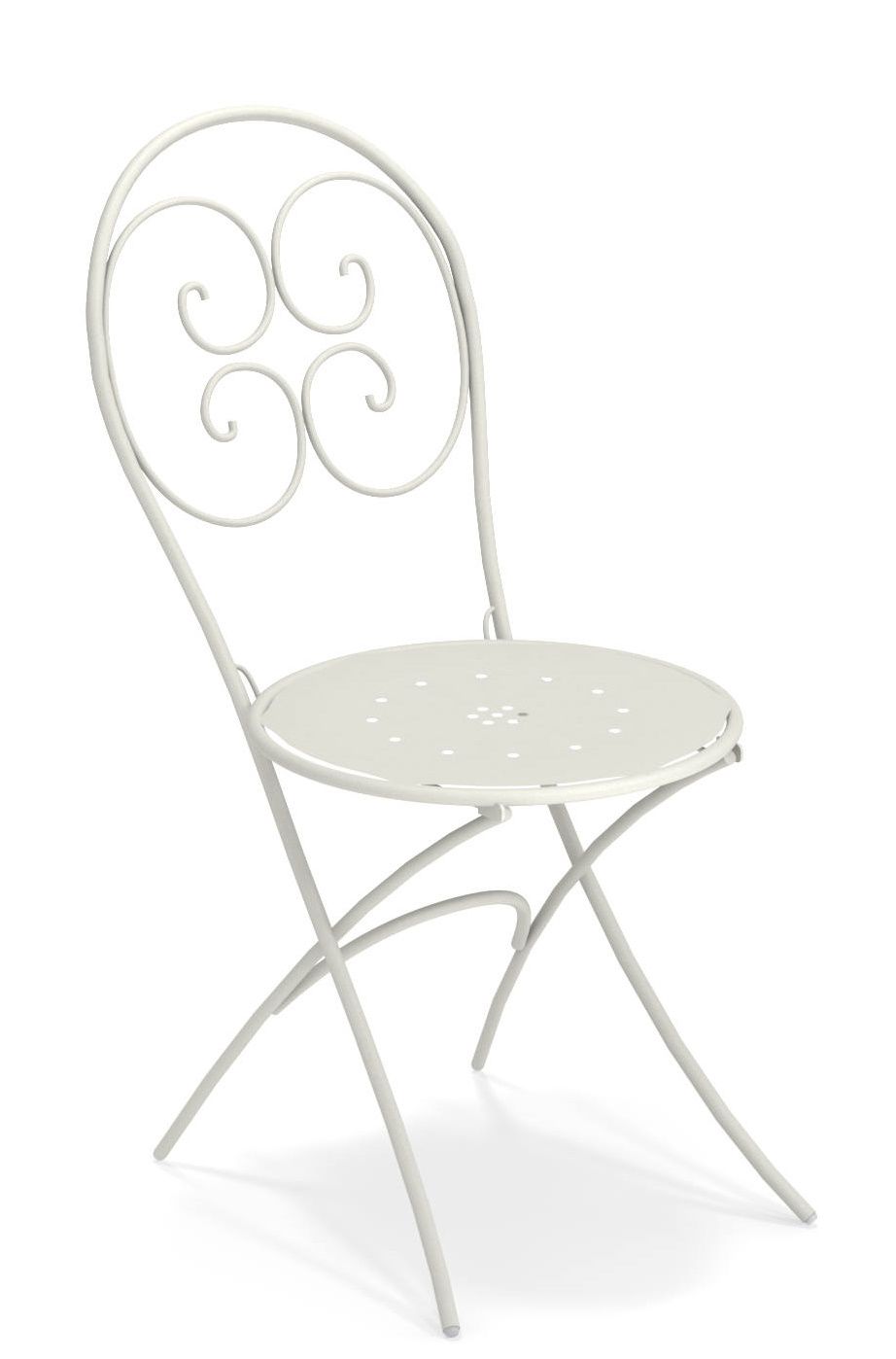 Pigalle Klappstuhl Outdoor Emu, weißer Metall Gartenstuhl mit filigranem Design und runder Sitzfläche.