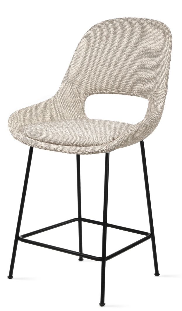 Theia Kitchen Armchair Barstool von Freifrau Manufaktur, niedriger Barhocker mit Stoffbezug und schwarzem Metallgestell.