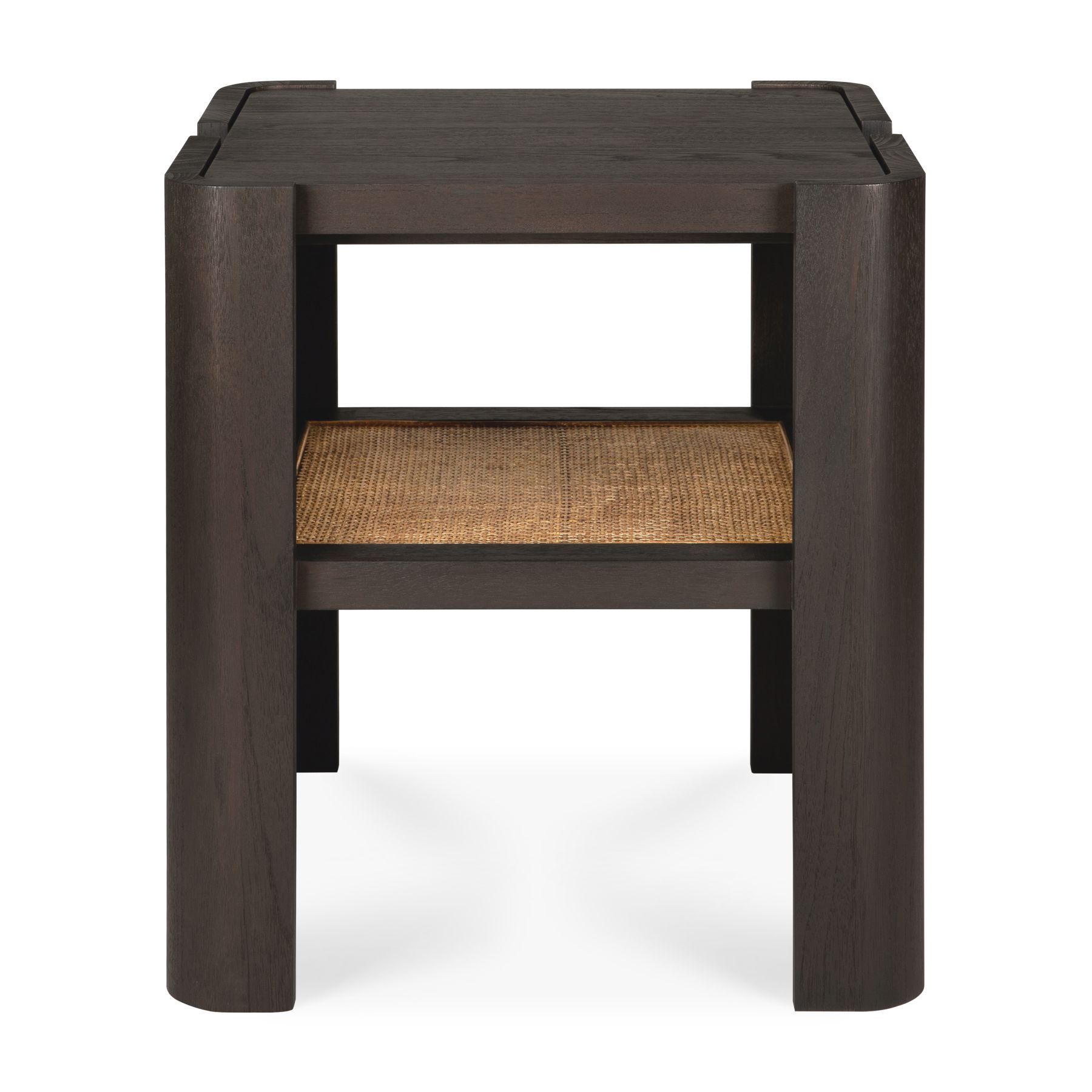 Ethnicraft Panel Beistelltisch aus dunklem Holz mit Rattan-Ablage, modernes Design für Wohnzimmer.