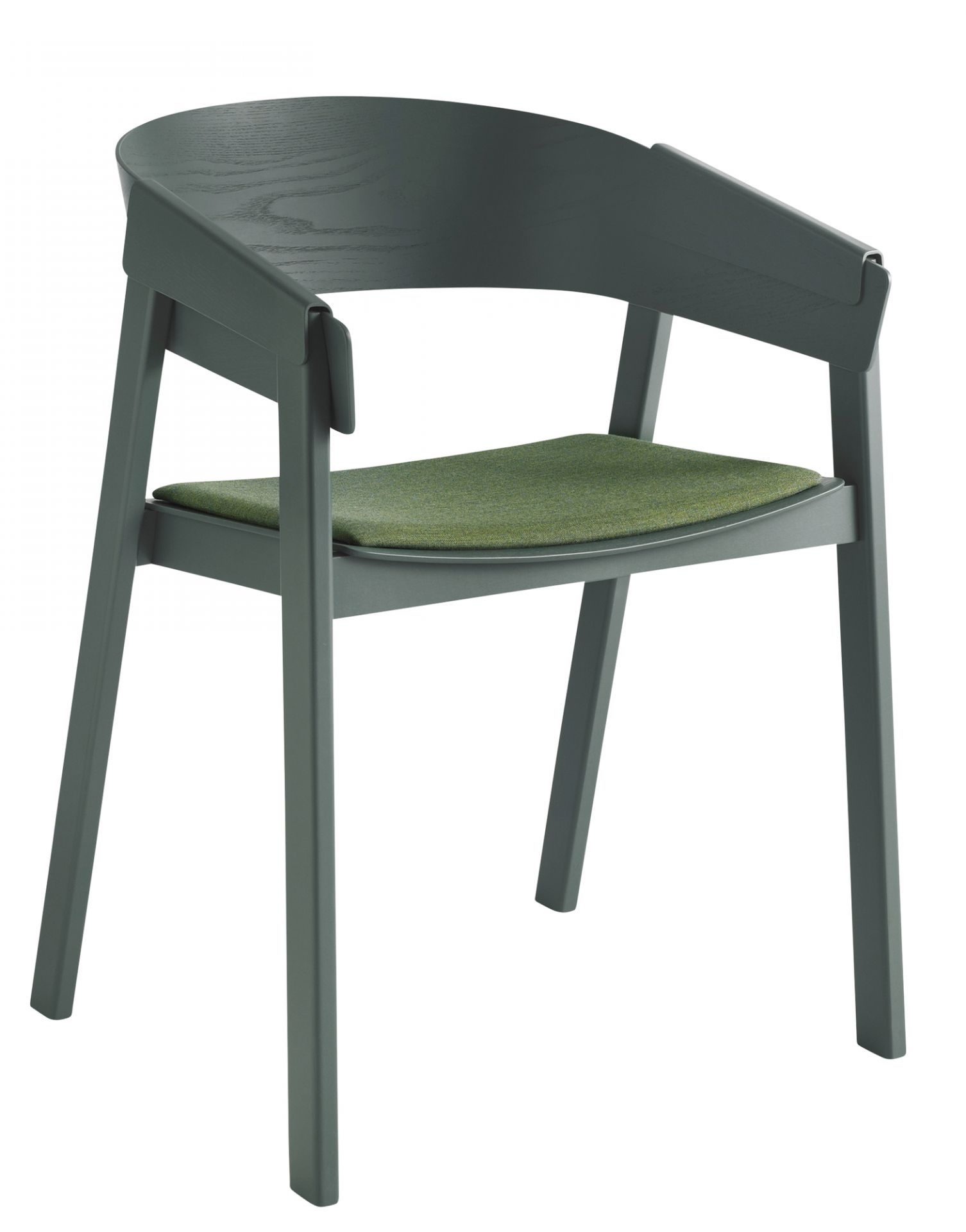 Muuto Cover Chair Stuhl in Grau mit grüner Sitzfläche, skandinavisches Design für Esszimmer und Wohnbereich.