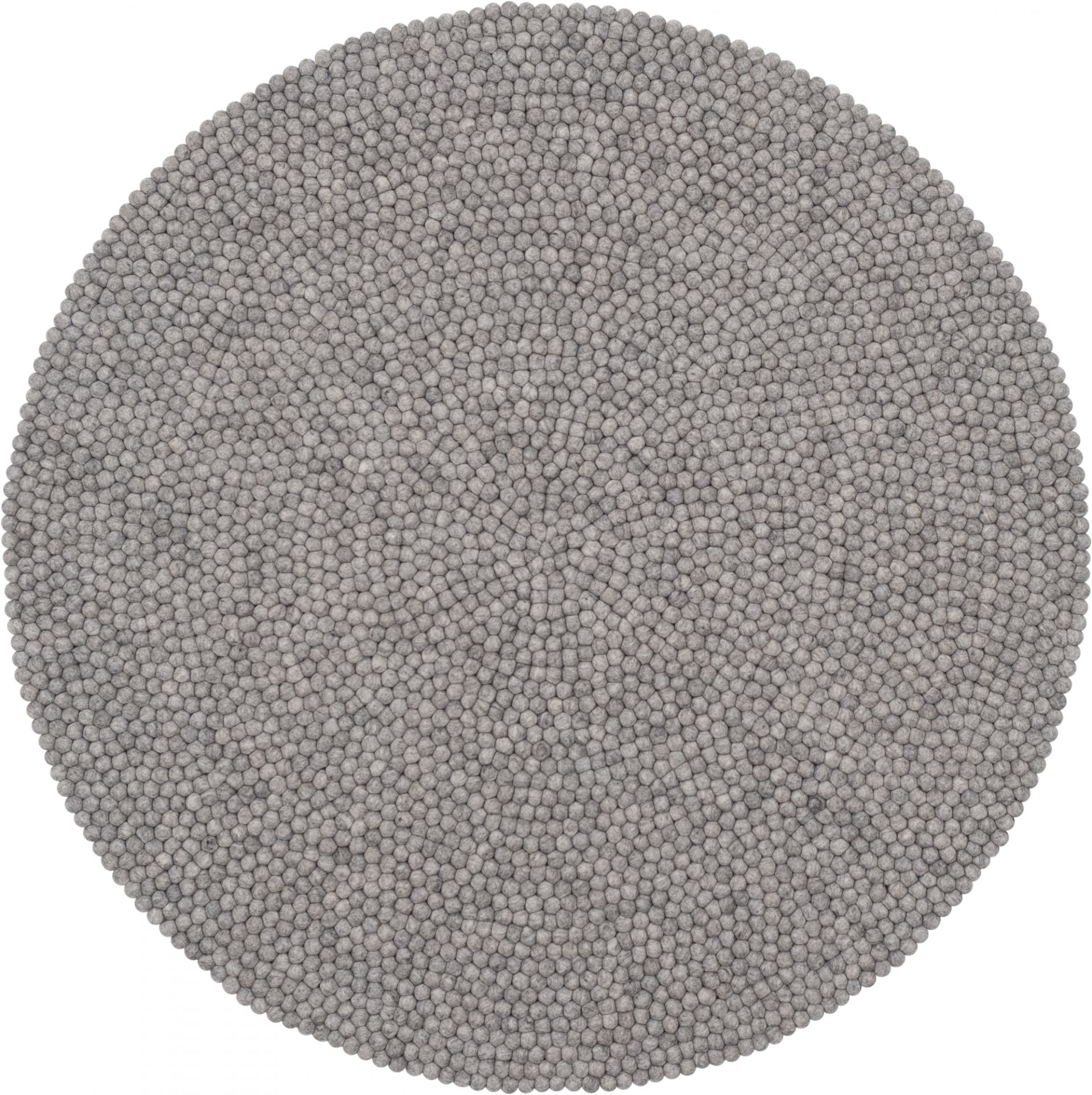 Runder, grauer Filzkugel Teppich (myfelt Carl) mit 180 cm Durchmesser. Handgefertigter Wollteppich.