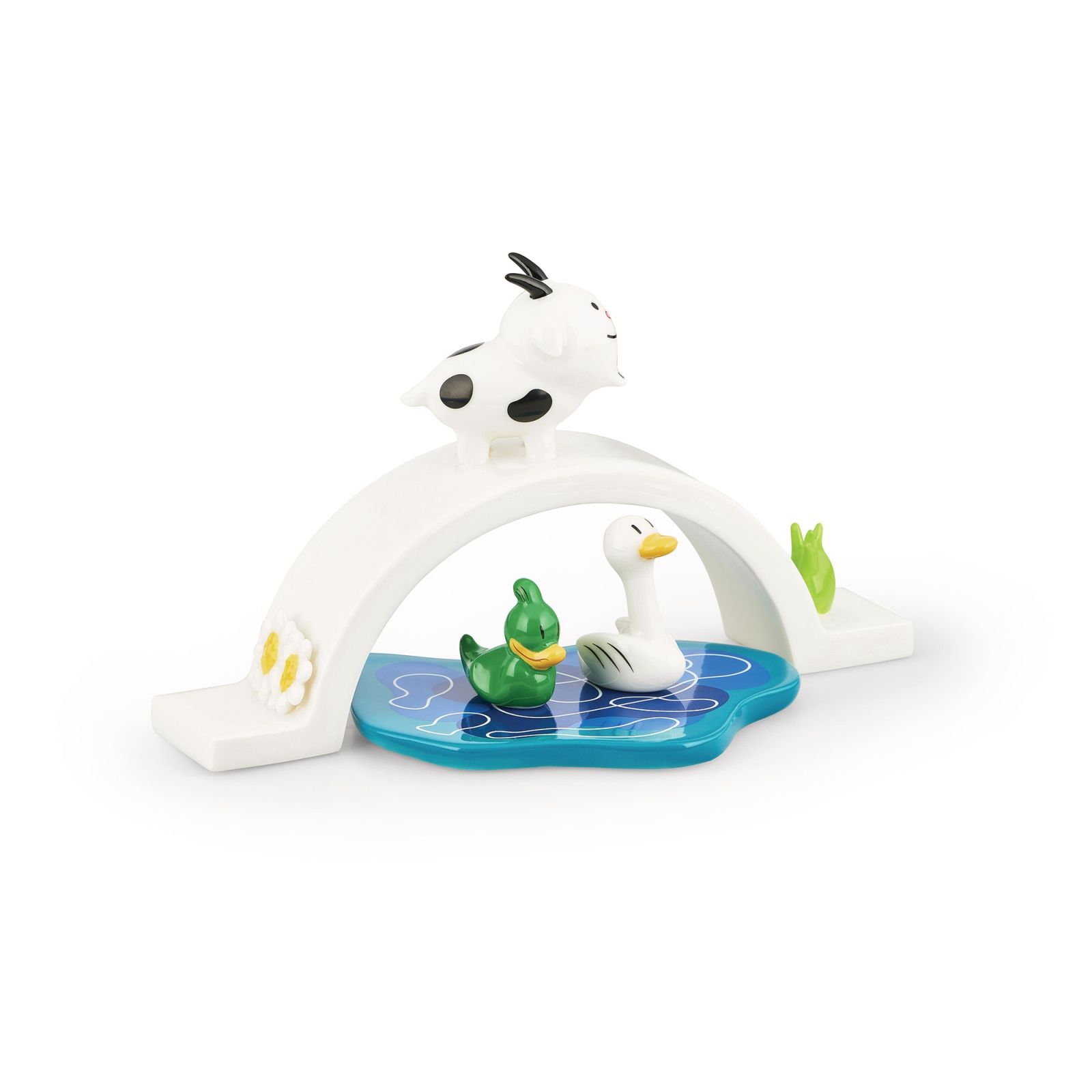 Alessi Happy Eternity Baby Brücke: Porzellanfigur mit Schafen, Enten und Teich für Kinderzimmer Dekoration.