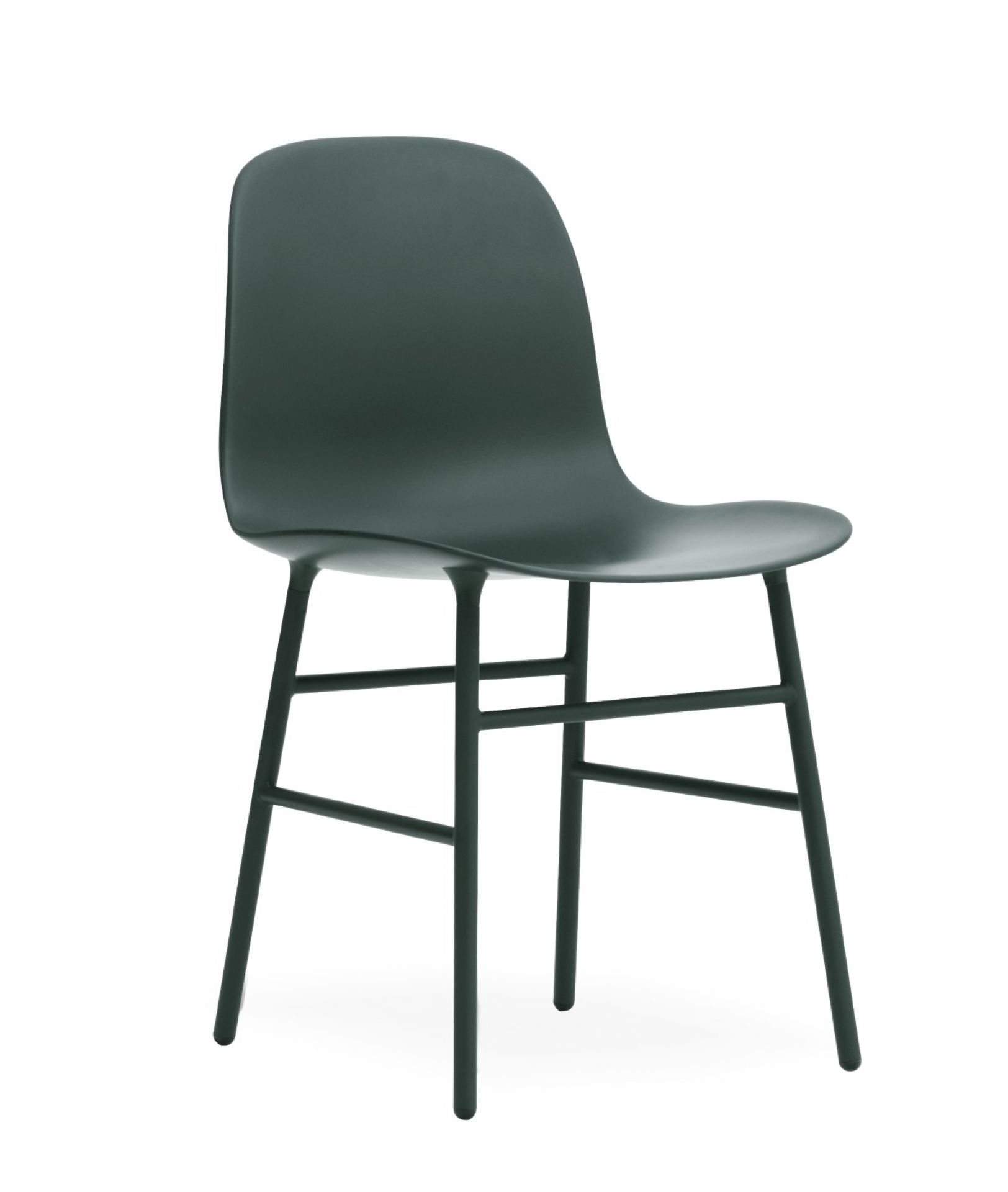 Freigestellter Form Chair Stuhl von Normann Copenhagen in dunklem Grün, minimalistisches Design für Esszimmer und Büro.