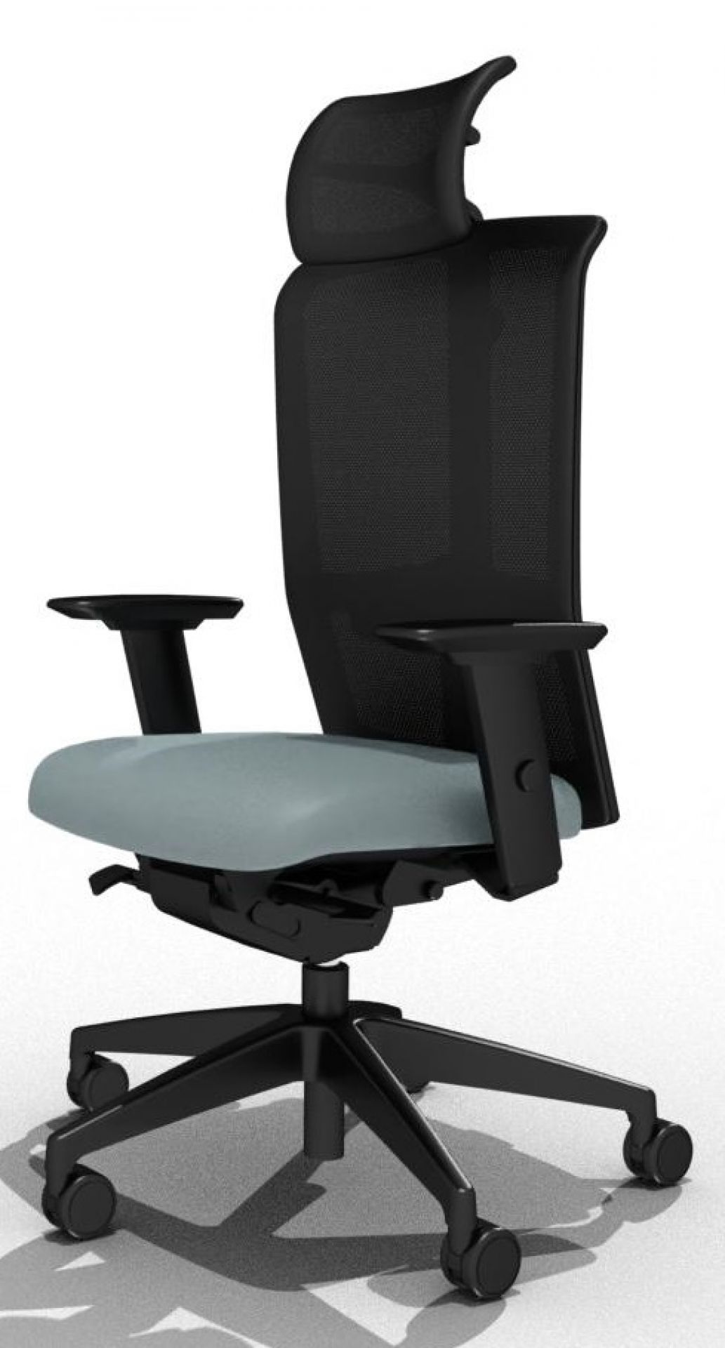 Goal Bürostuhl von Interstuhl mit Netzrückenlehne, verstellbarer Kopfstütze und grauer Sitzfläche.