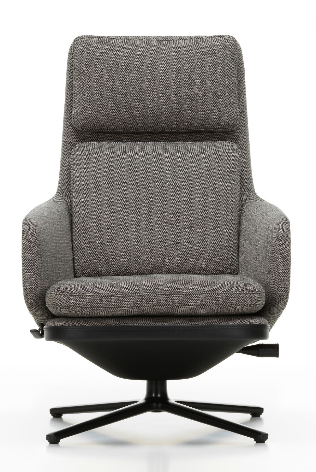 Vitra Grand Relax Sessel, grauer Stoffbezug, hoher Rückenlehne und schwarzem Drehfuß, Frontansicht.