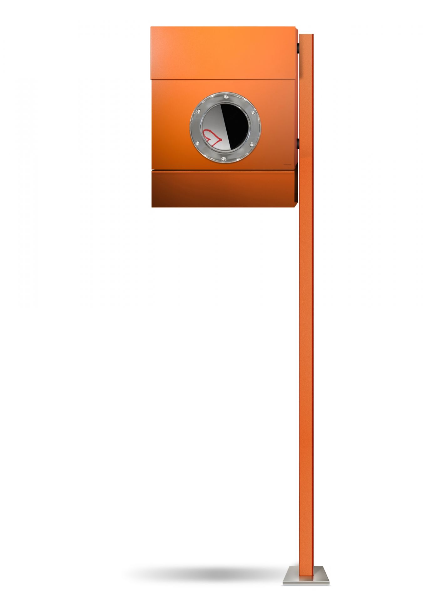 Freistehender Letterman II Briefkasten Radius in Orange mit rundem Sichtfenster und Zeitungsfach.
