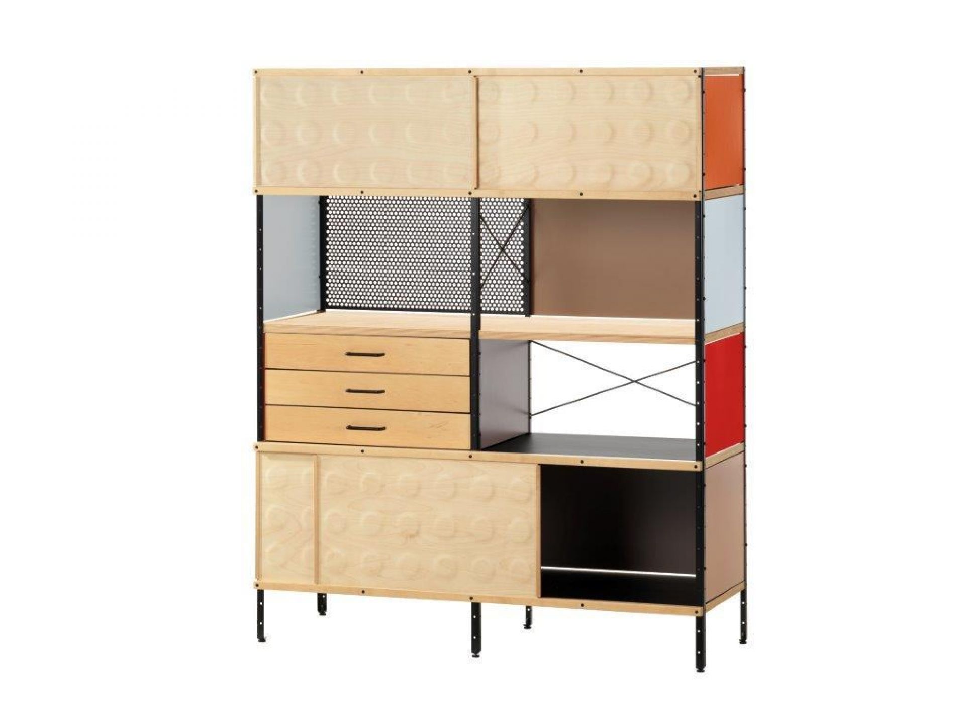 Vitra Eames Storage Unit ESU Bücherregal mit Schubladen, Fächern und farbigen Paneelen.