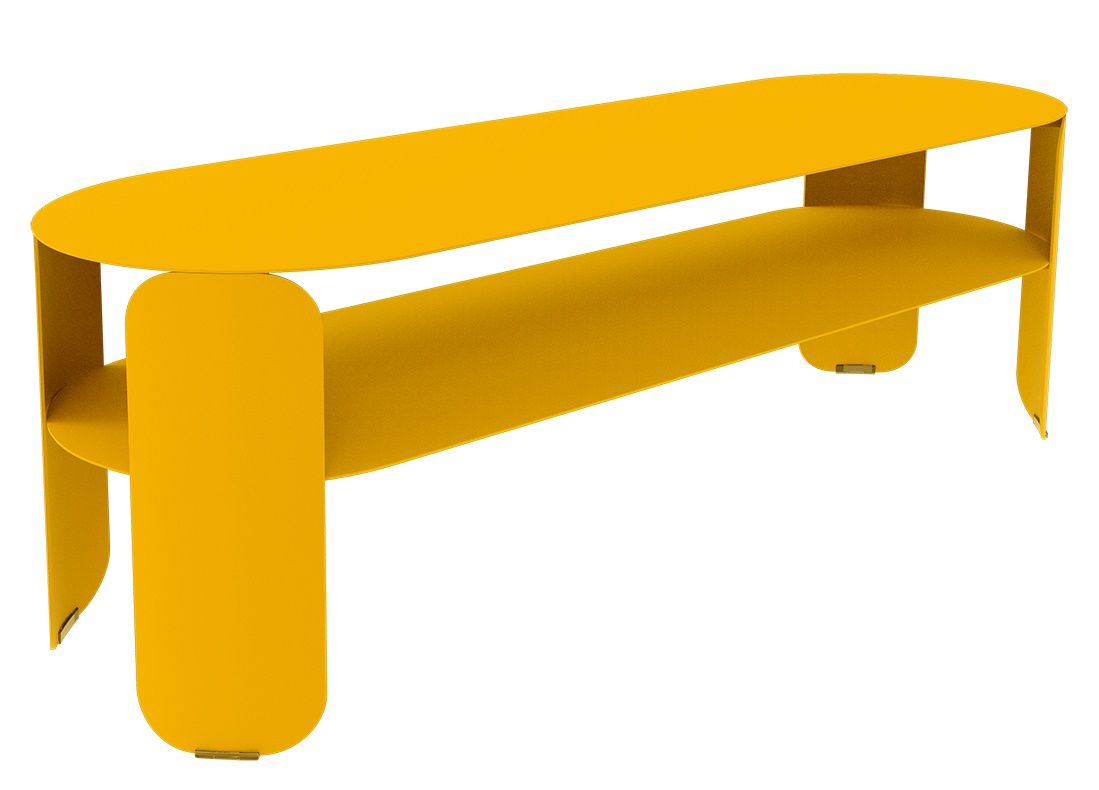 Gelber Bebop Low Table von Fermob, ein moderner Outdoor-Tisch mit Ablage für Garten und Terrasse.