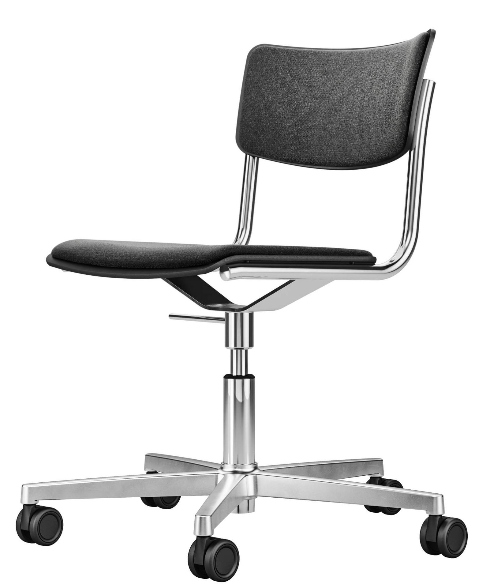 Bild eines Thonet S 43 Drehstuhls mit grauem Stoffbezug und verchromtem Stahlrohrgestell. Bürostuhl mit Rollen.