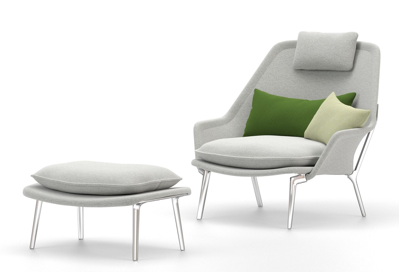 Vitra Slow Chair Sessel mit Ottoman und Kissen, Stoffbezug in Grau und Grün.
