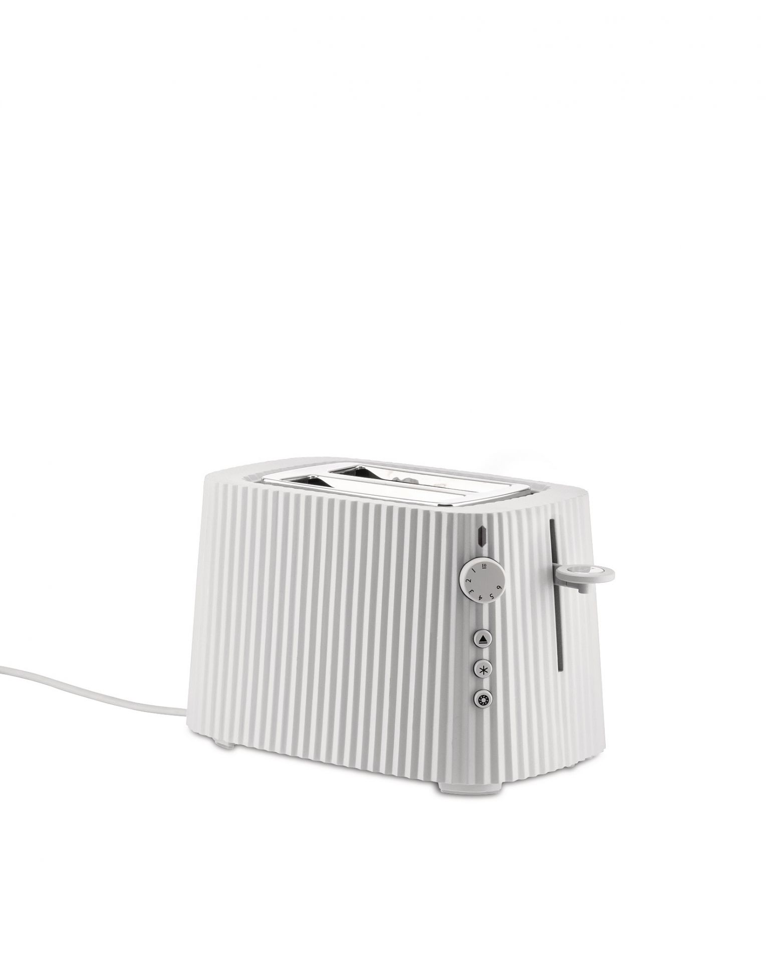 Weißer Alessi Plissé Toaster MDL08 B mit Rillenstruktur, Detailaufnahme für E-Commerce.