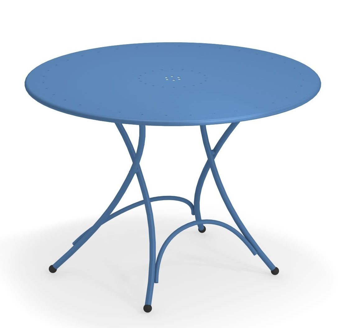 Blauer Pigalle Klapptisch von Emu für den Garten oder die Terrasse, runde Tischplatte.