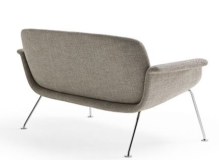 Rückansicht des KN05 Zweisitzer Sofas von Knoll International mit grauem Stoffbezug und verchromten Beinen.