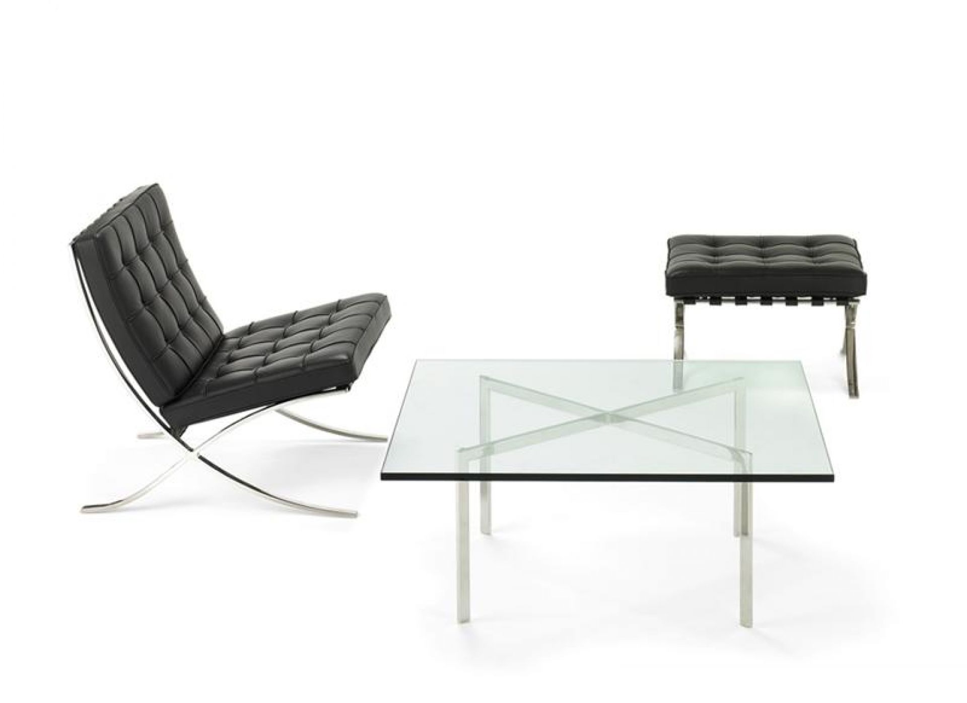 Barcelona Sessel mit Hocker und Glastisch, schwarzes Leder, Designklassiker von Knoll International.