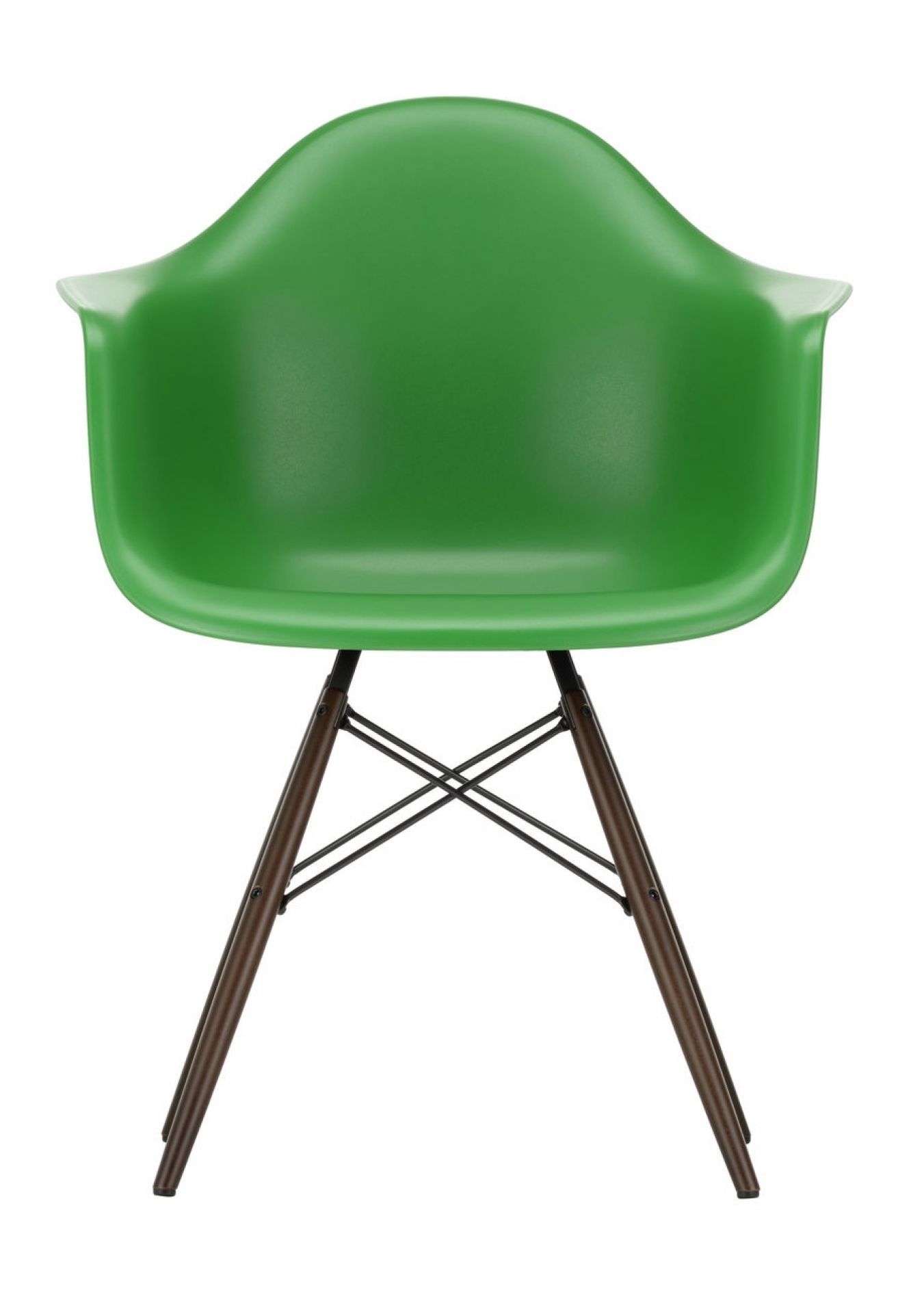Grüner Eames Plastic Arm Chair DAW Stuhl mit Ahorn-Gestell von Vitra, Frontansicht.