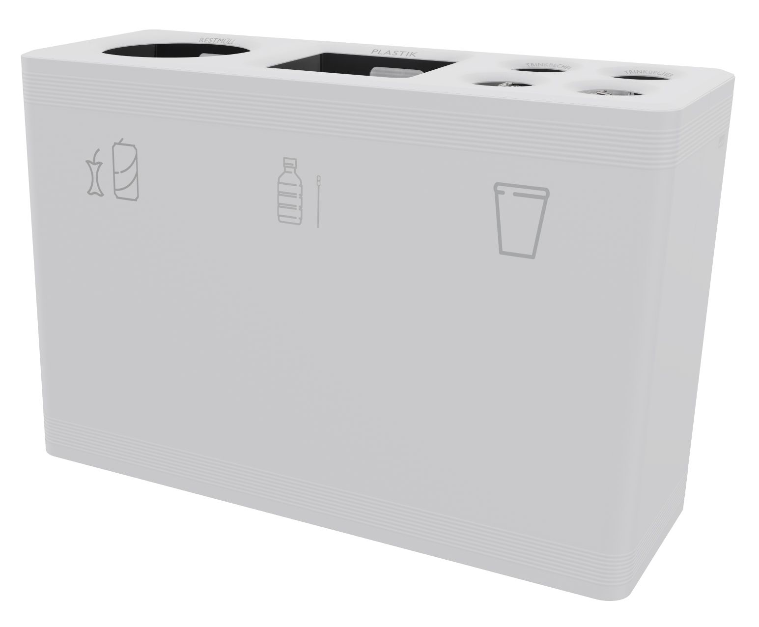 Weißes Ditch 3 Abfalltrennsystem Functionals für Restmüll, Plastik und Trinkbecher mit entsprechenden Symbolen zur Mülltrennung.