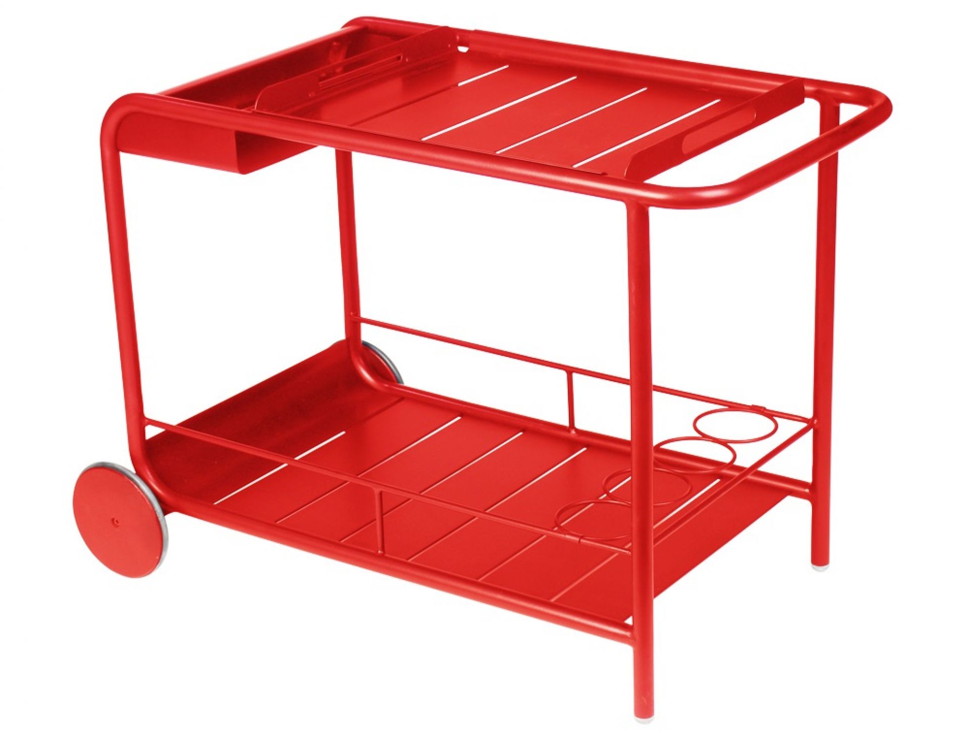 Roter Luxembourg Servierwagen von Fermob für den Außenbereich mit zwei Ablageflächen und Rollen.
