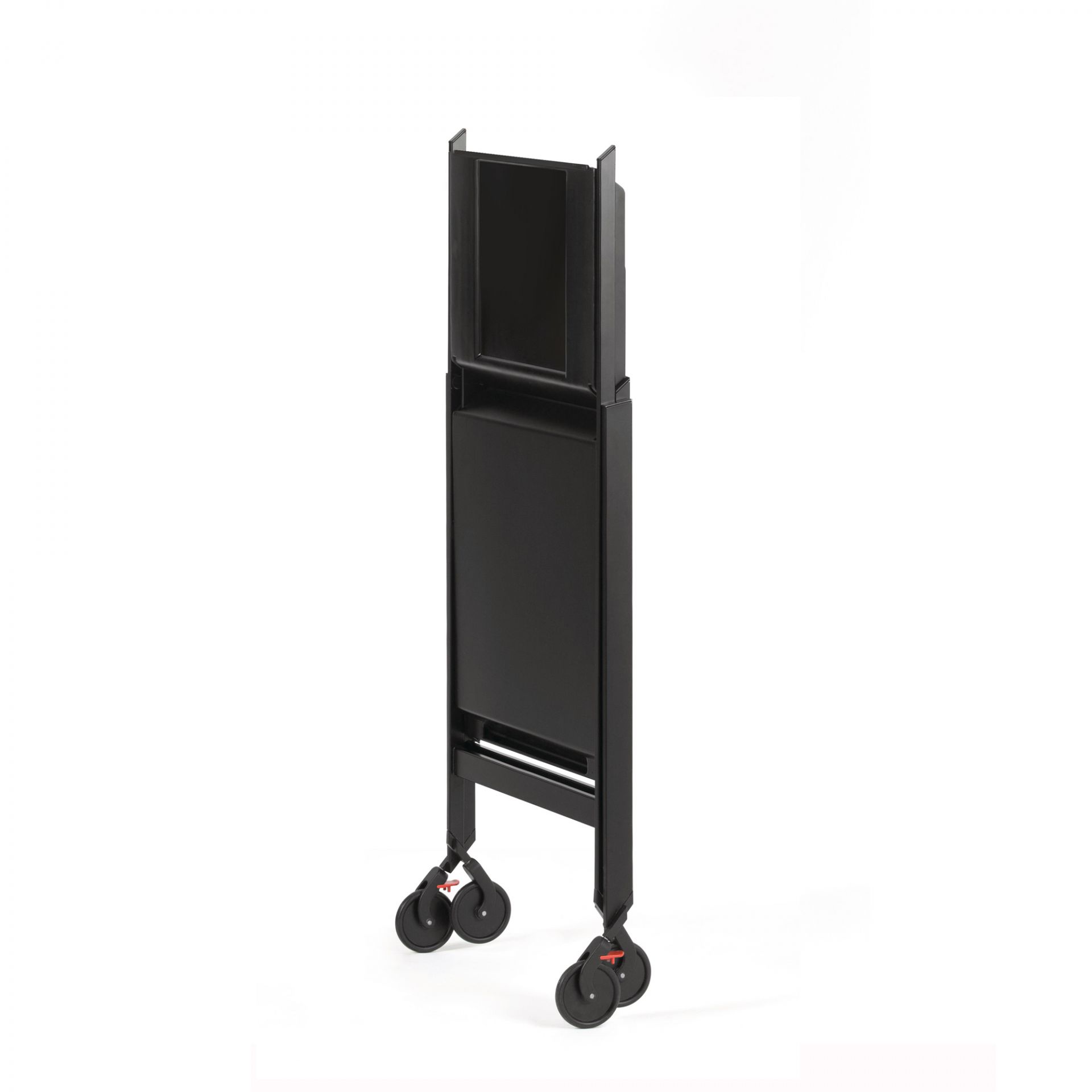Zusammengeklappter RS11 Servierwagen von Alessi, ein schwarzer, minimalistischer Küchenwagen mit Rollen.