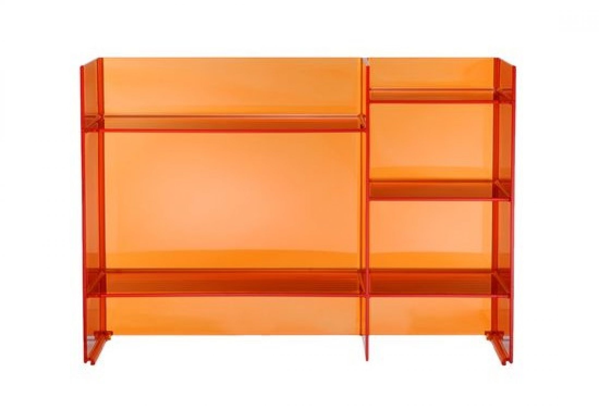 Oranges Sound-Rack Regalsystem von Kartell, modernes modulares Design mit transparenten Regalfächern für Wohnzimmer und Büro.