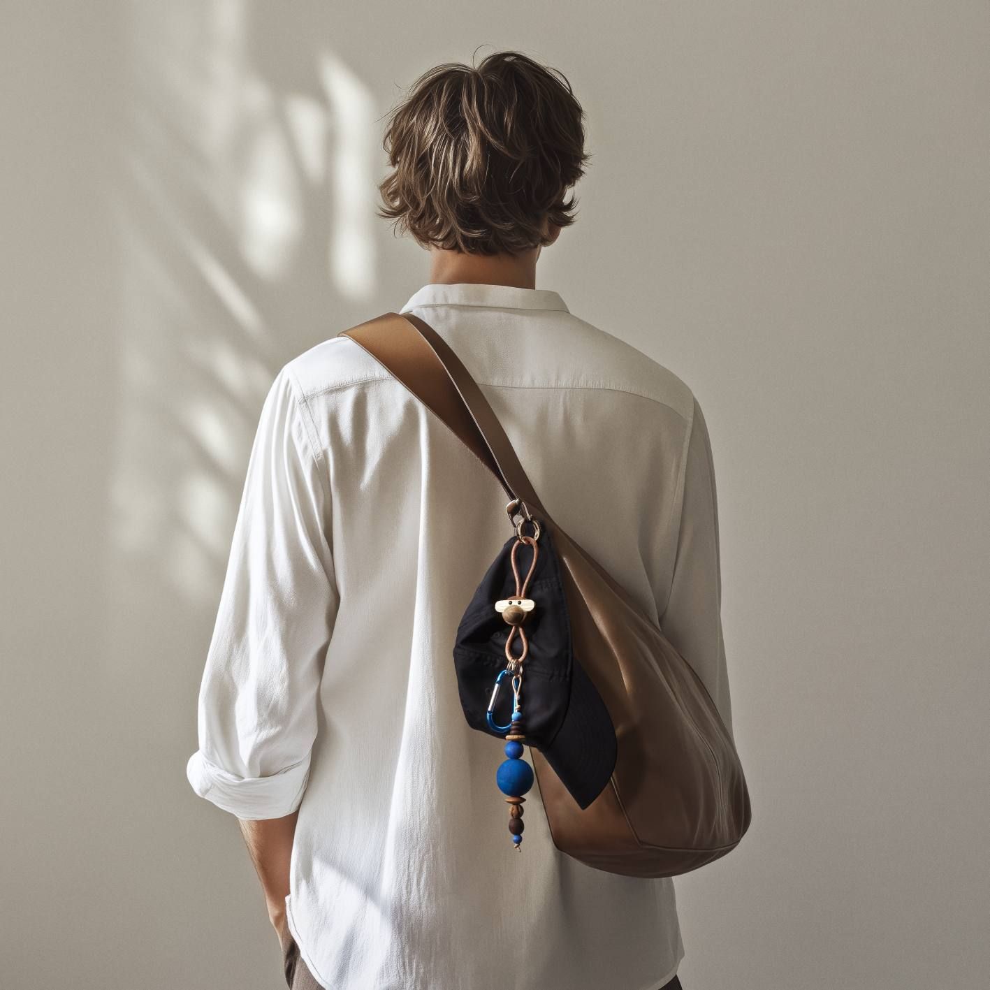 Mann mit Ledertasche, an der ein goldfarbener Kay Bojesen Affe Schlüsselanhänger aus Metall und Leder hängt.