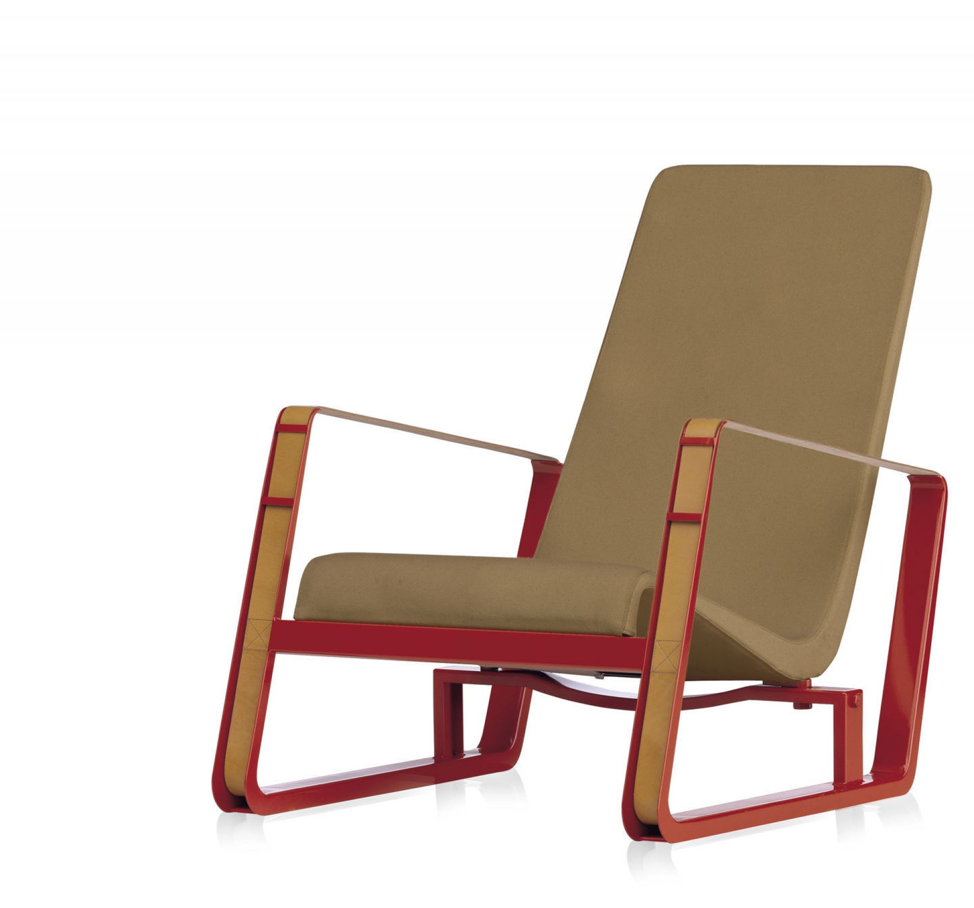 Vitra CitÈ Sessel mit rotem Stahlrohrgestell und beigem Stoffbezug, moderner Lounge Sessel für Wohnzimmer.