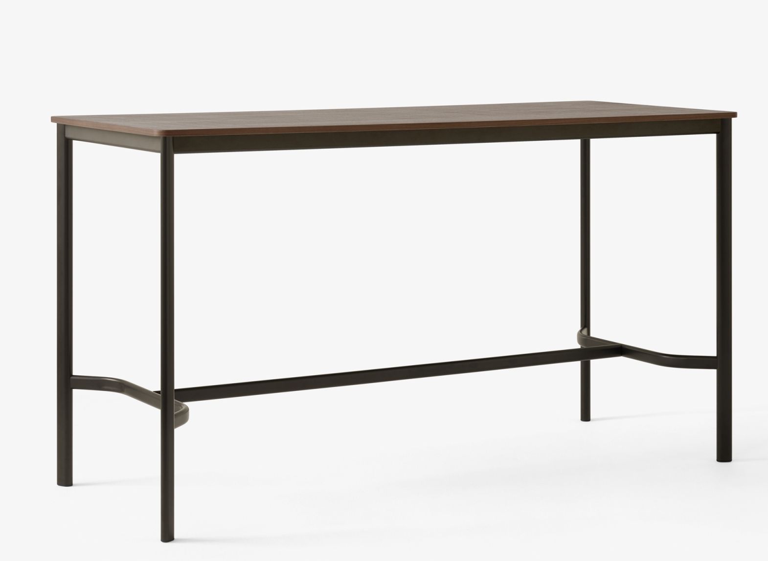 AndTradition Drip High Table Stehtisch mit dunkler Holzplatte und schwarzem Metallgestell.