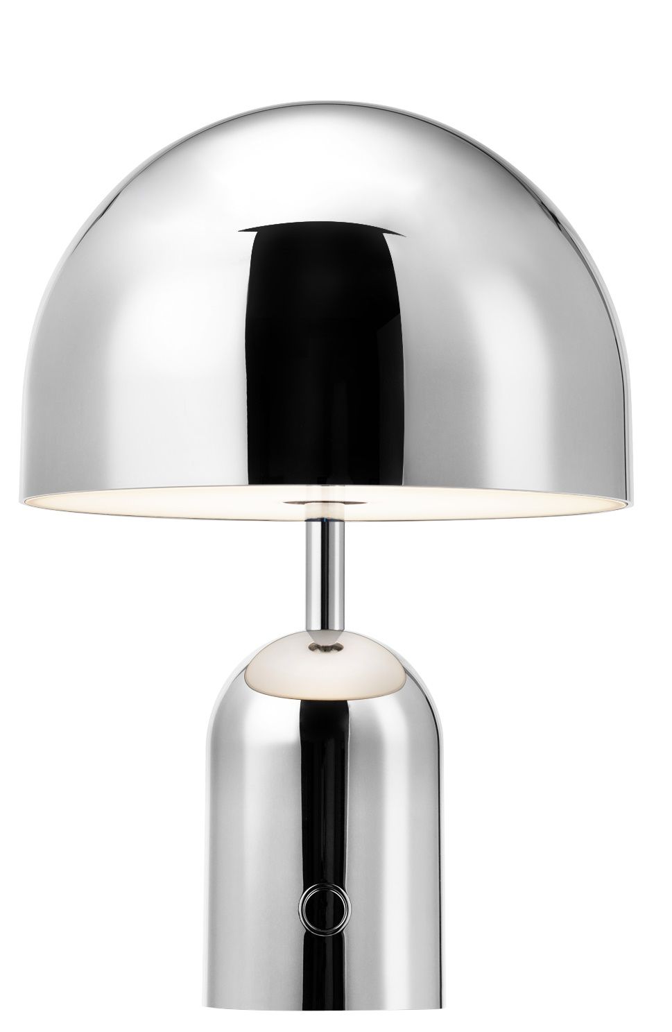 Silberne Bell Akkuleuchte von Tom Dixon: Moderne LED Tischleuchte für Innen und Außen.