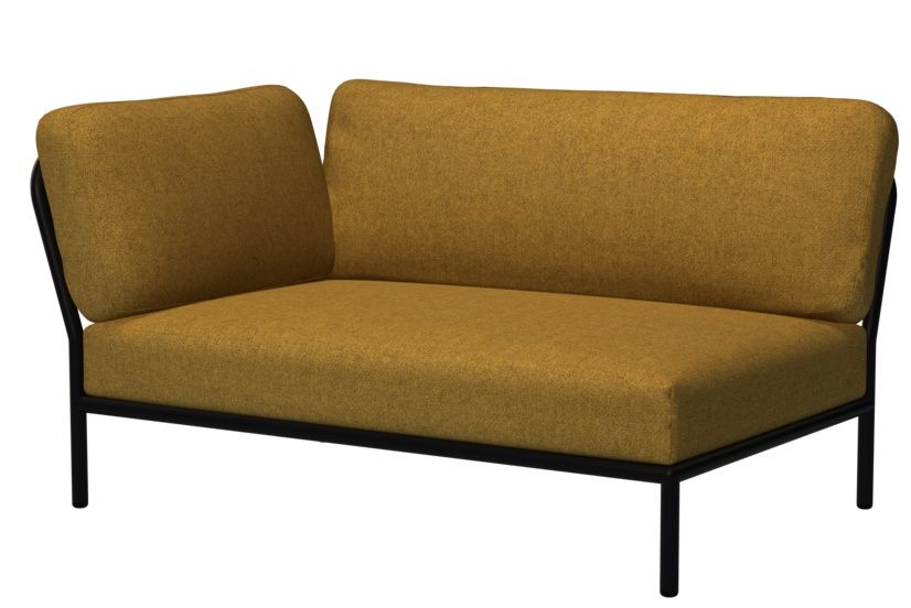 Houe Level Outdoor Sofa Ecke links, gelbes Gartensofa mit dunklem Metallgestell.