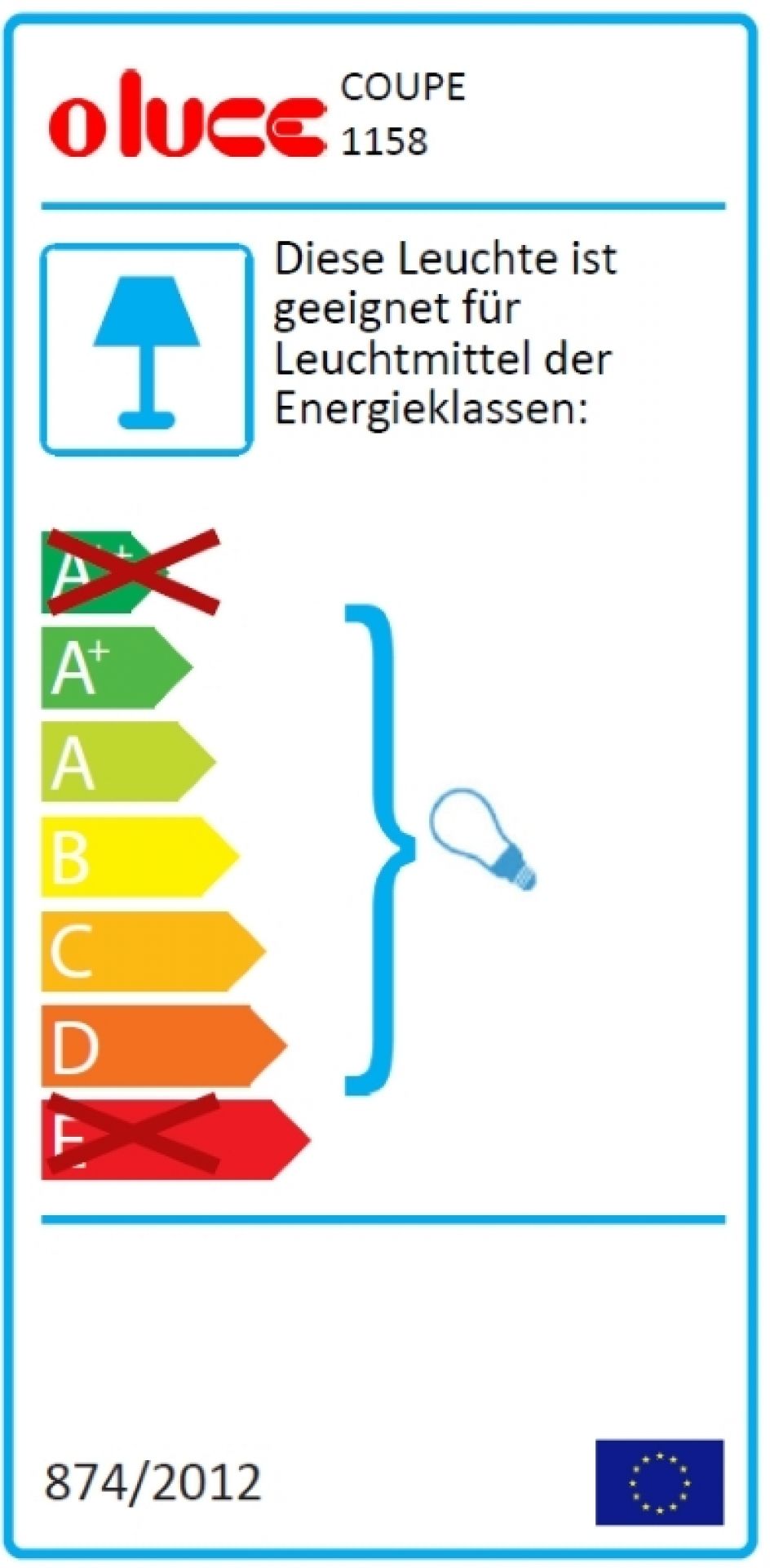 Energieeffizienzlabel der Coupé Wandleuchte 1158 von Oluce. Informationen zur Energieeffizienzklasse der Lampe.
