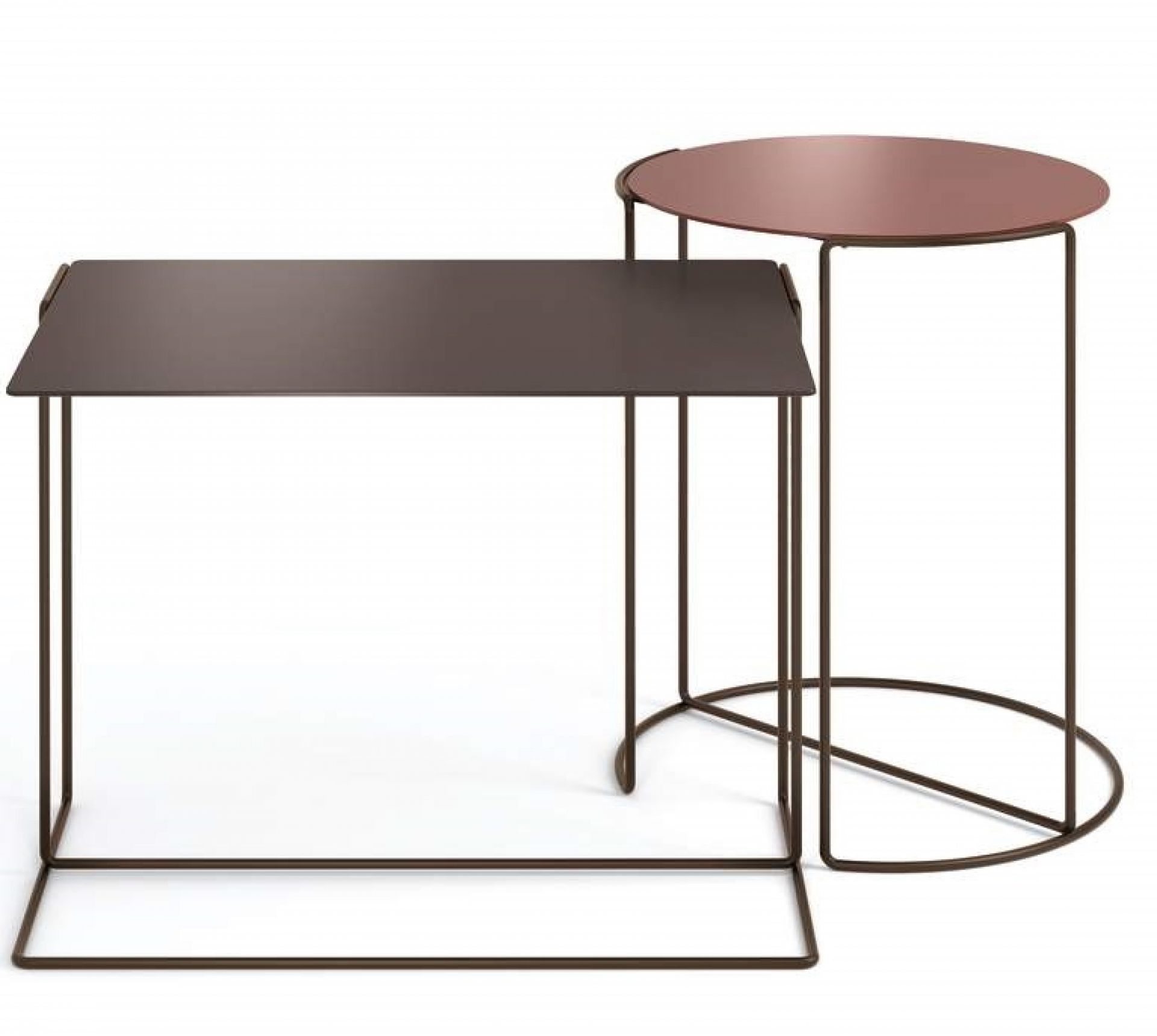 Oki Beistelltisch von Walter Knoll, zwei moderne Satztische in Braun und Rosé, minimalistisches Design.