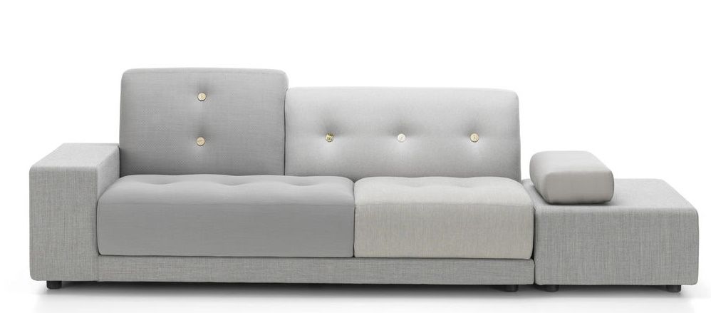 Graues Vitra Polder Sofa mit asymmetrischem Design und goldenen Knöpfen, modernes Wohnzimmermöbel für stilvolles Interieur.