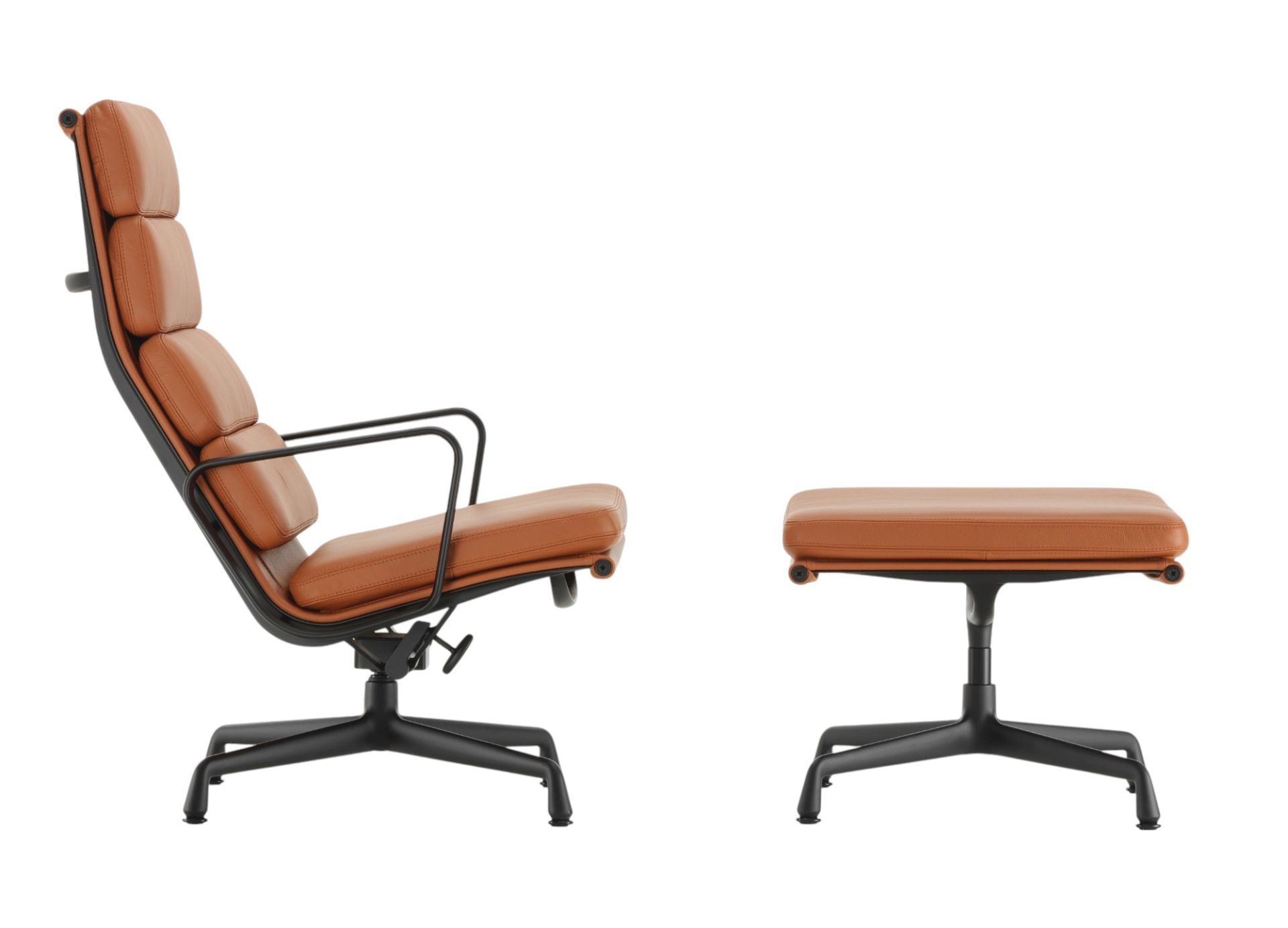 Vitra EA222 Soft Pad Sessel mit Hocker, braunes Leder, schwarzes Gestell, seitliche Ansicht.