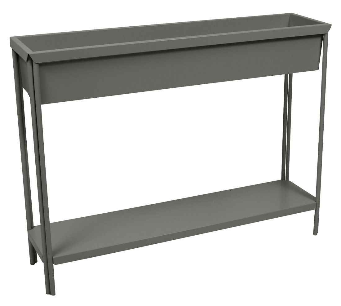 Grauer Terrazza Blumenkasten von Fermob mit minimalistischem Design und zusätzlicher Ablage für den Außenbereich.
